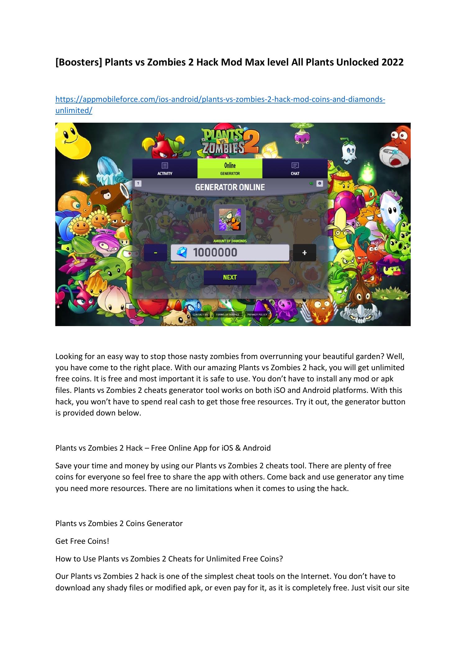 Boosters] Plants vs Zombies 2 Hack Mod Max level All Plants