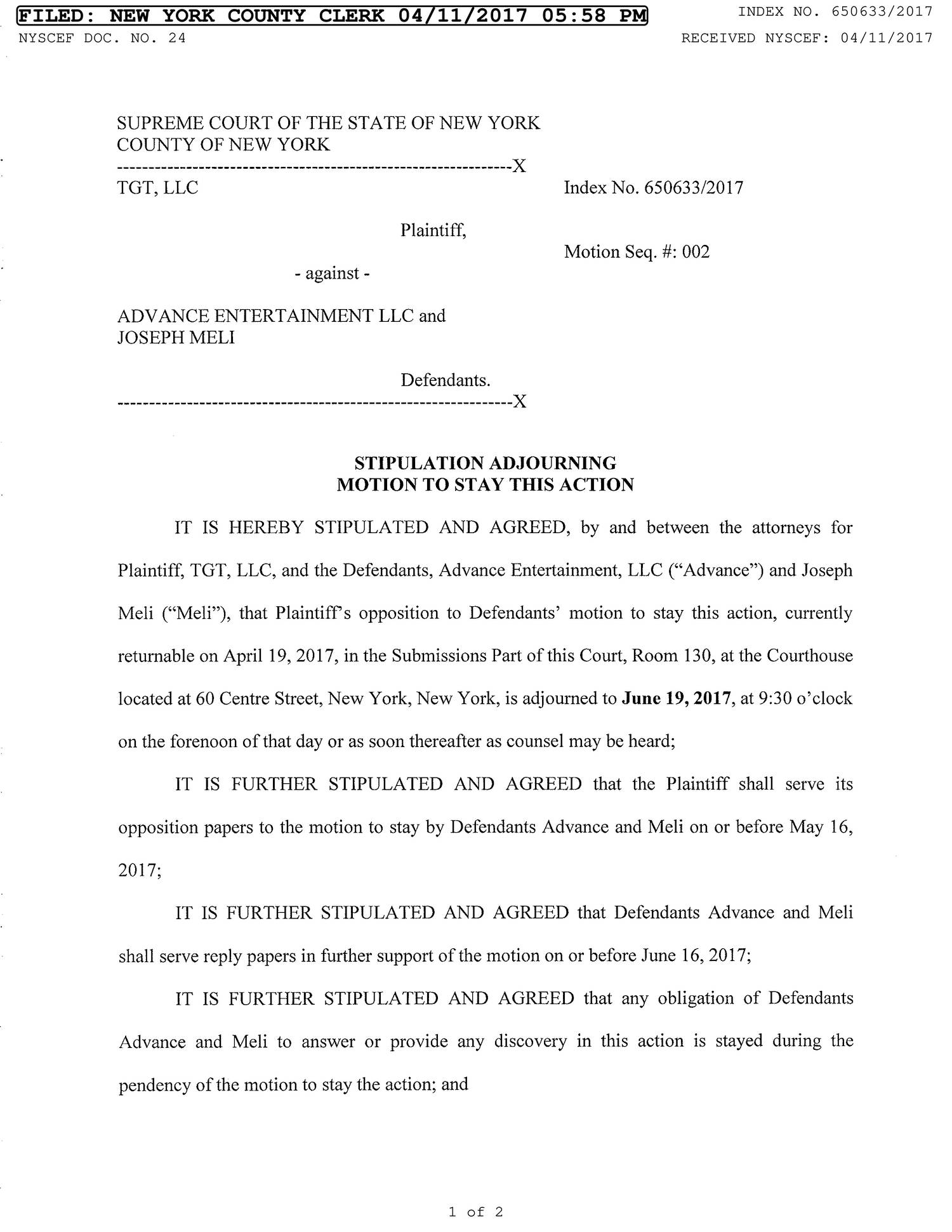 STIPULATION ADJOURNMENT OF MOTION IN SUBMISSIONS PART RM 130 (2