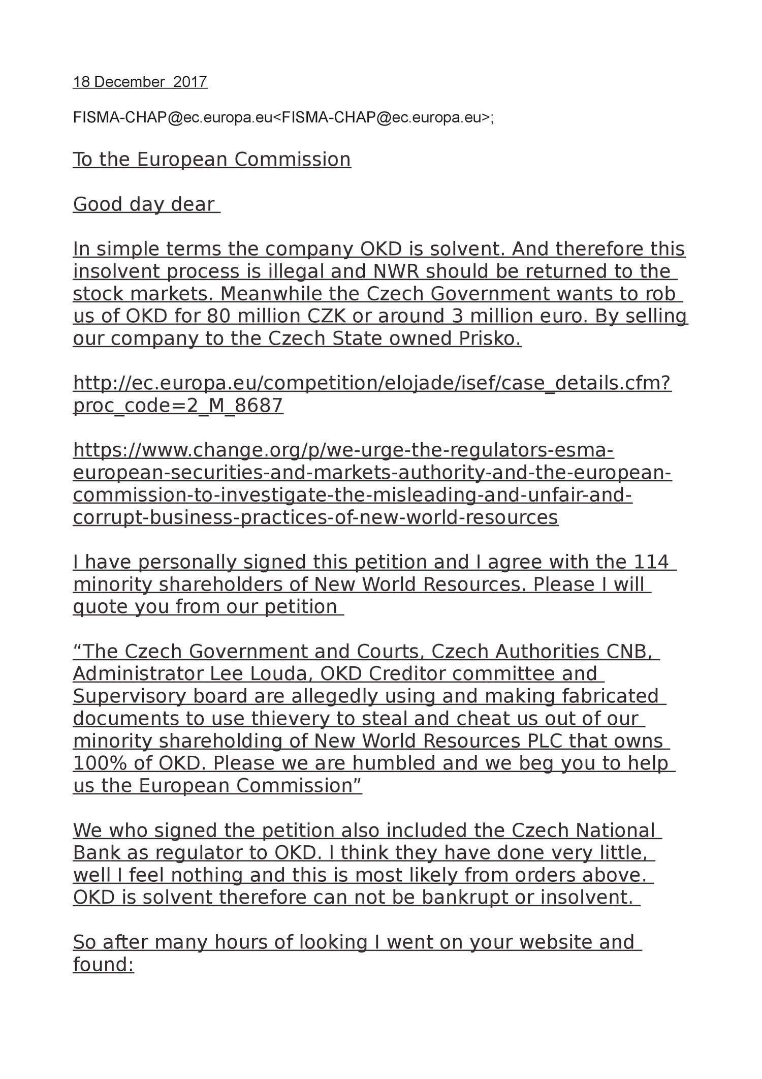 18 Dec 2017 NWR minority shareholders complaint letter to the Europe