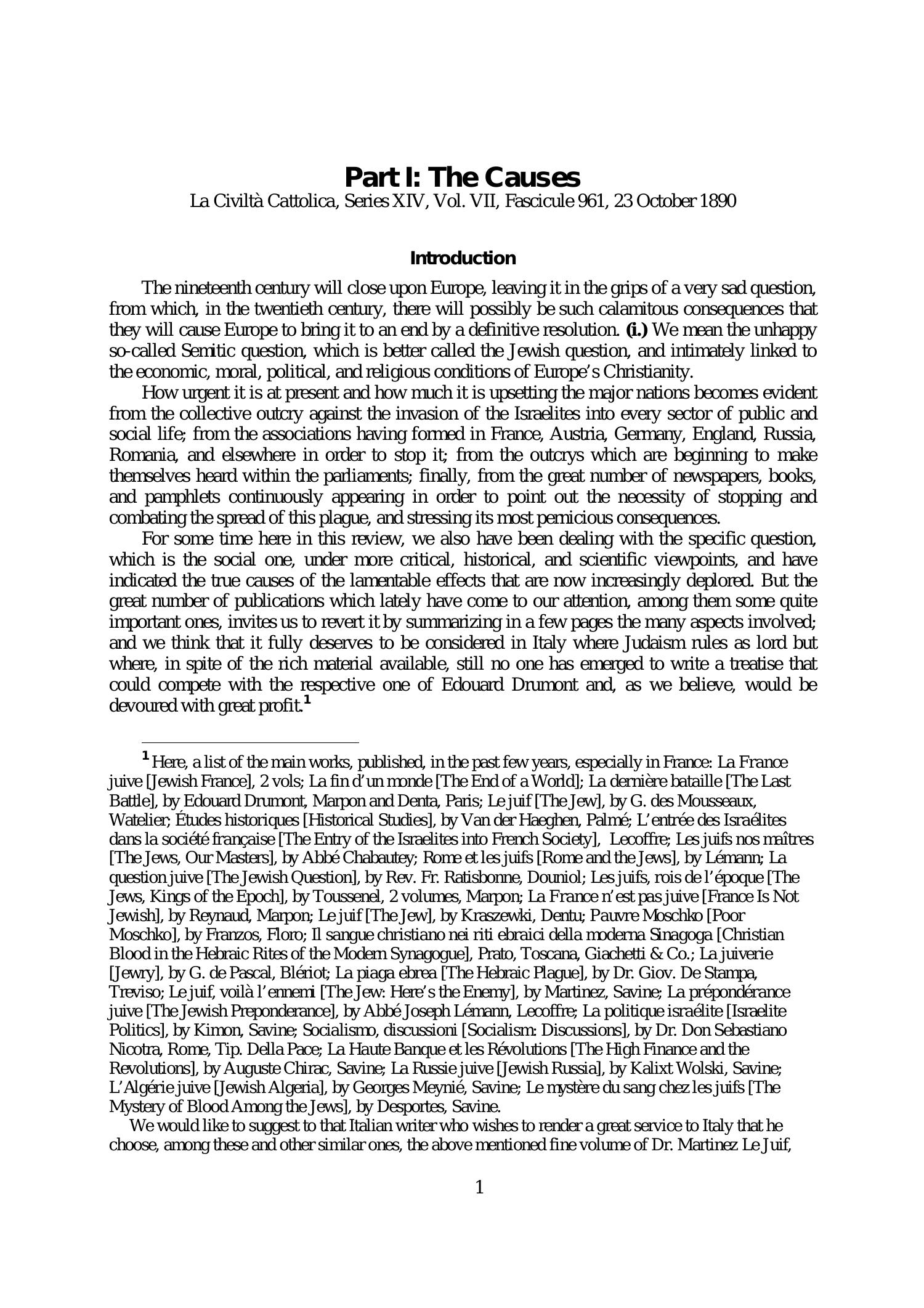 La Civiltà Cattolica. 1890. On the Jewish Question in Europe