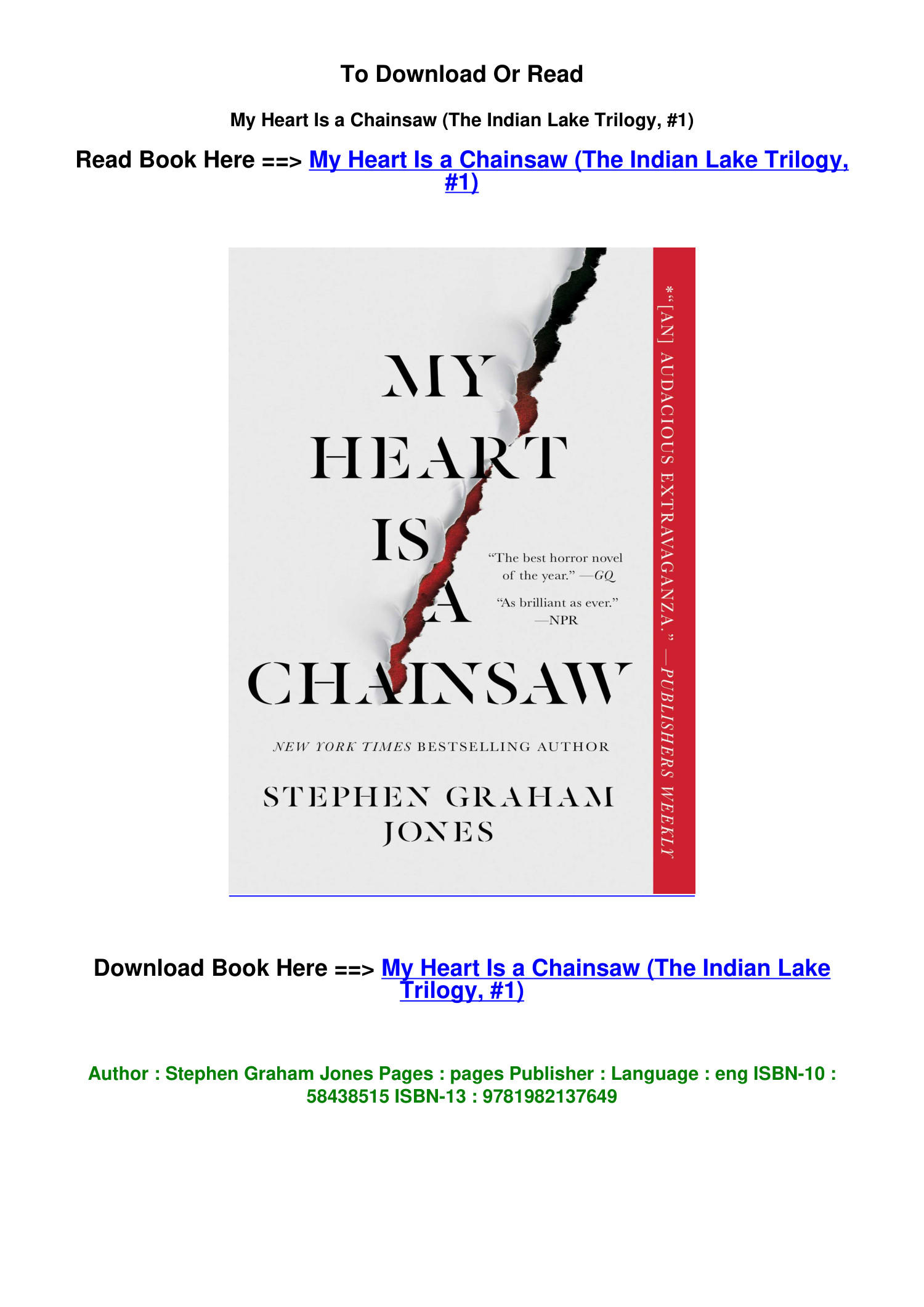 pdf DOWNLOAD My Heart Is a Chainsaw The Indian Lake Trilogy 1 BY