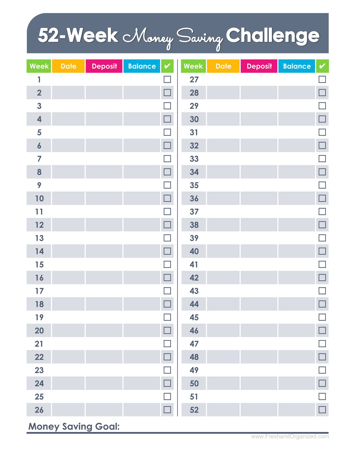 52 Week Money Challenge Chart Pdf