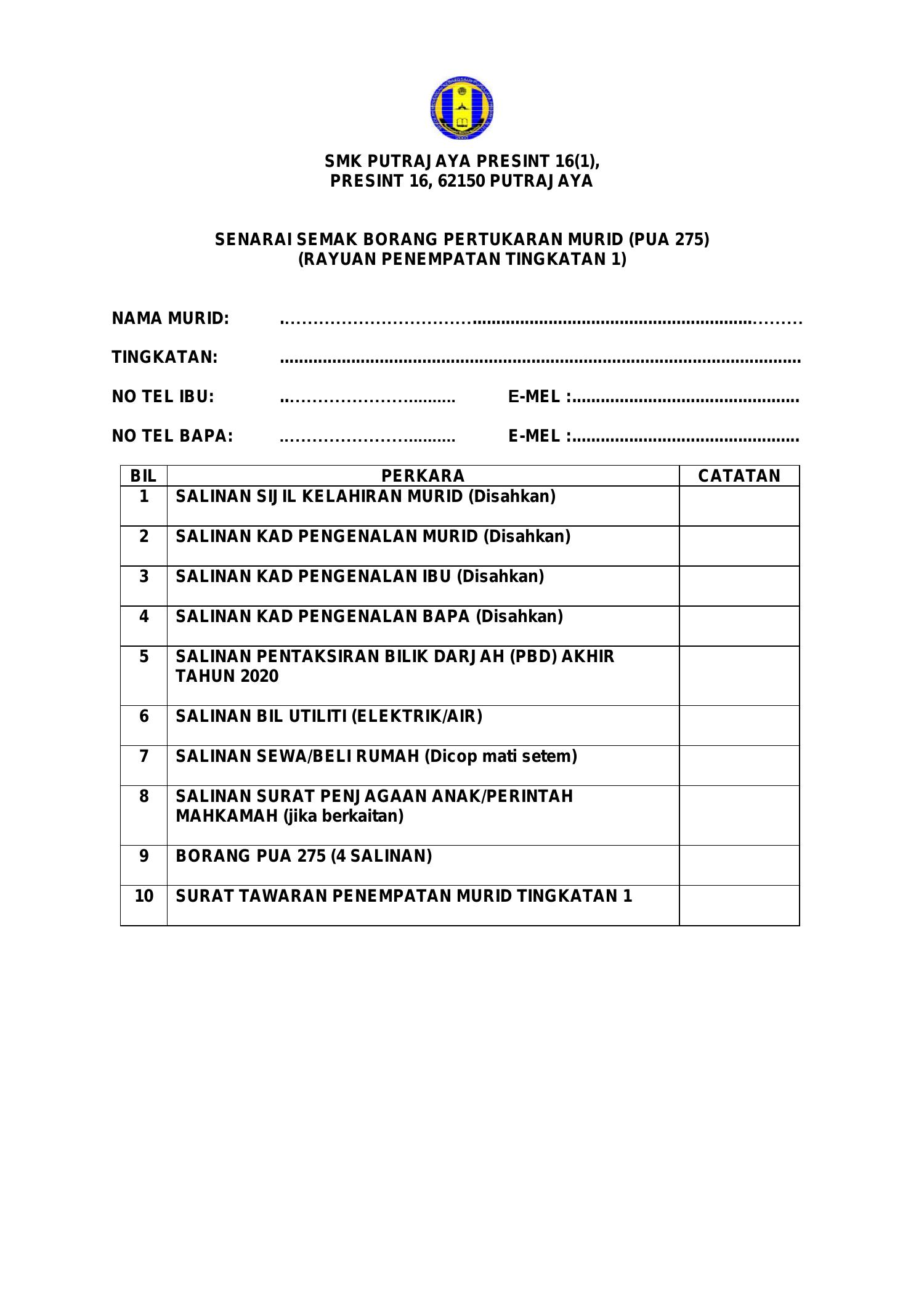 Senarai Semak Borang Pertukaran Murid Pua75 Pdf Docdroid