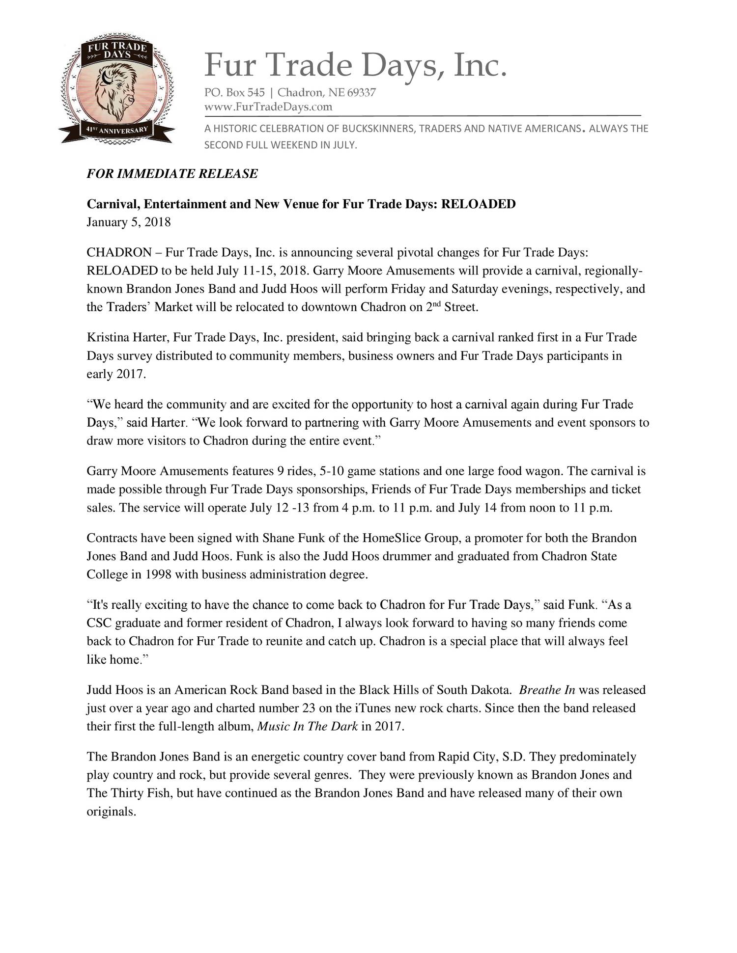 Press Release Carnival, Entertainment and New Venue for Fur Trade