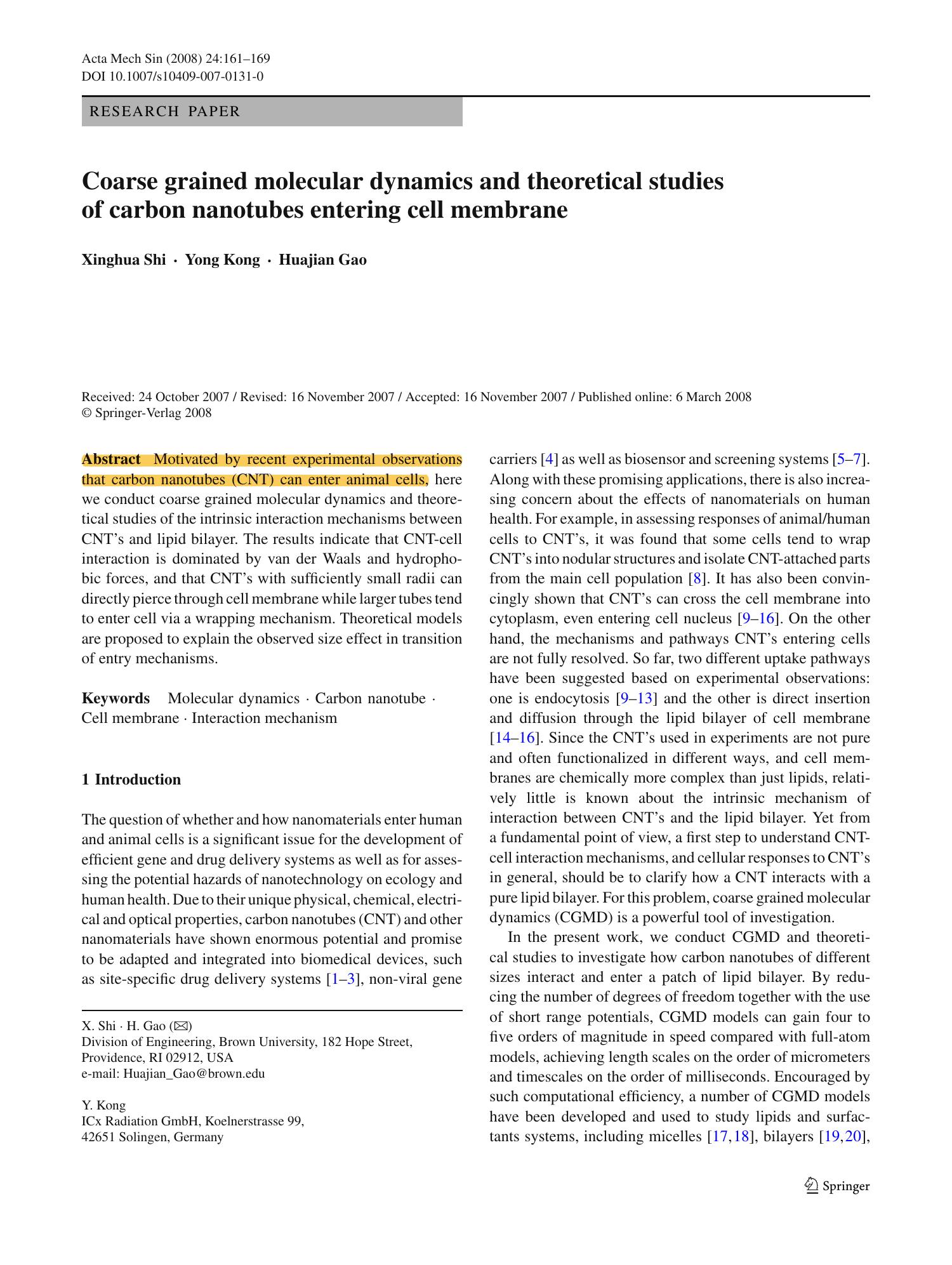 Coarse grained molecular dynamics and theoretical studies of carbon ...