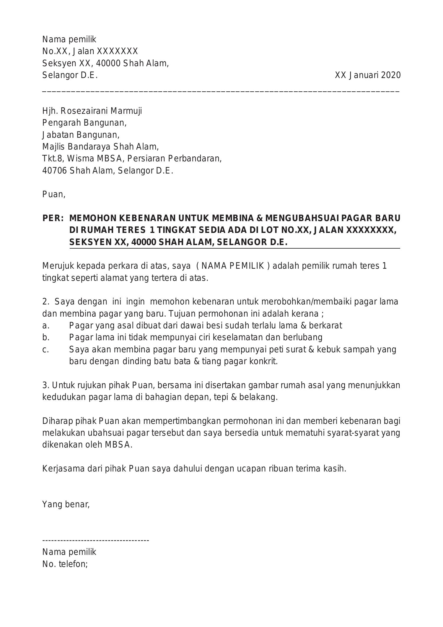 Contoh Surat Rayuan Kemalangan