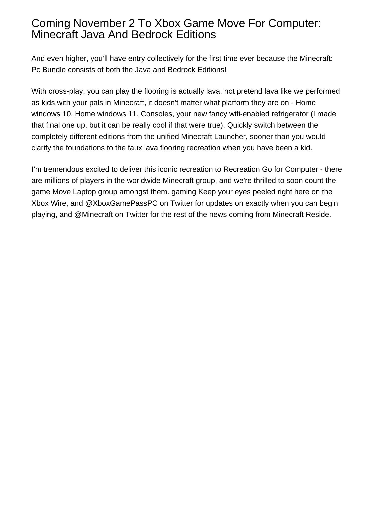 Coming November 2 To Xbox Game Cross For Computer Minecraft Java And