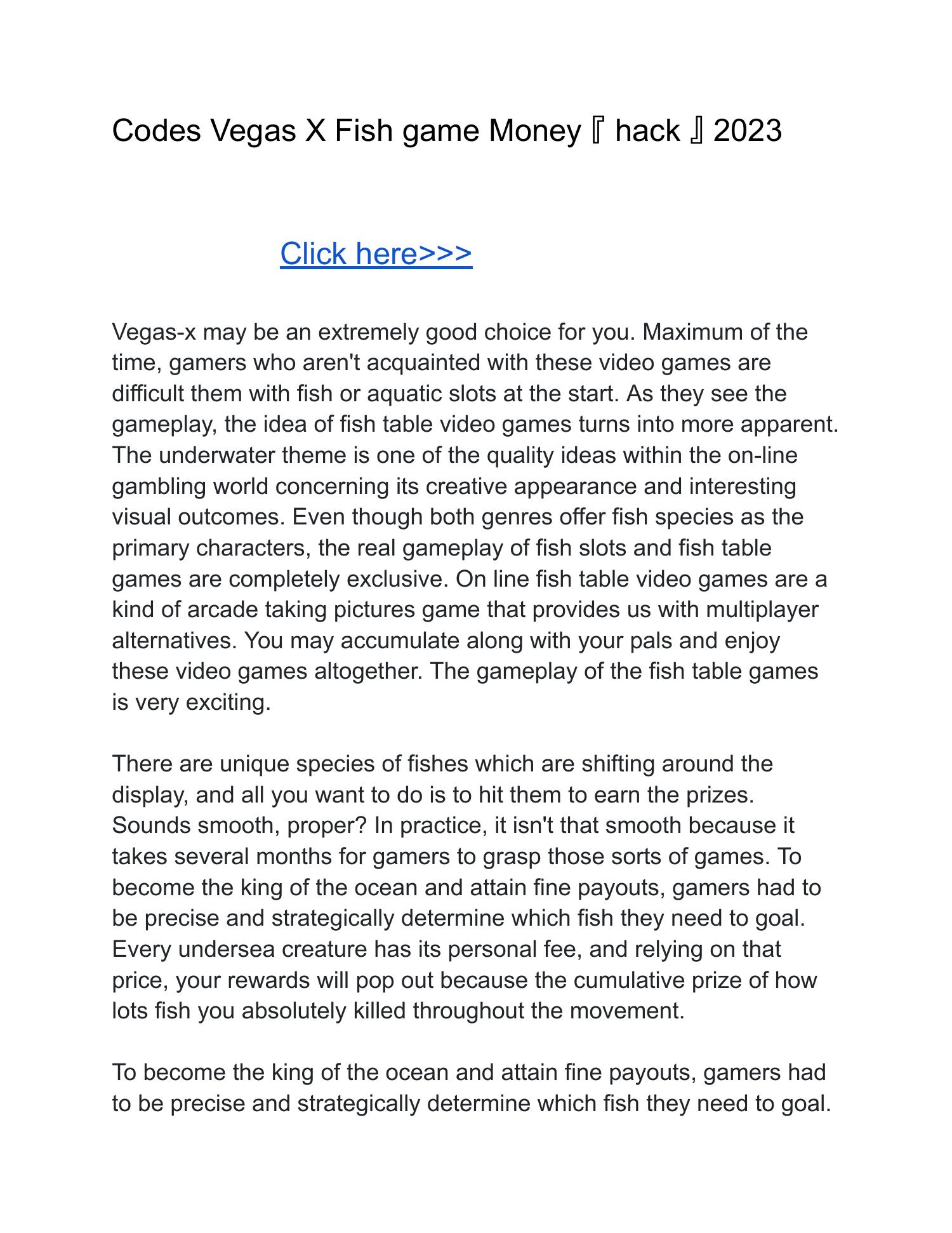 Codes vegas x fish game money hack 2023 pdf docdroid