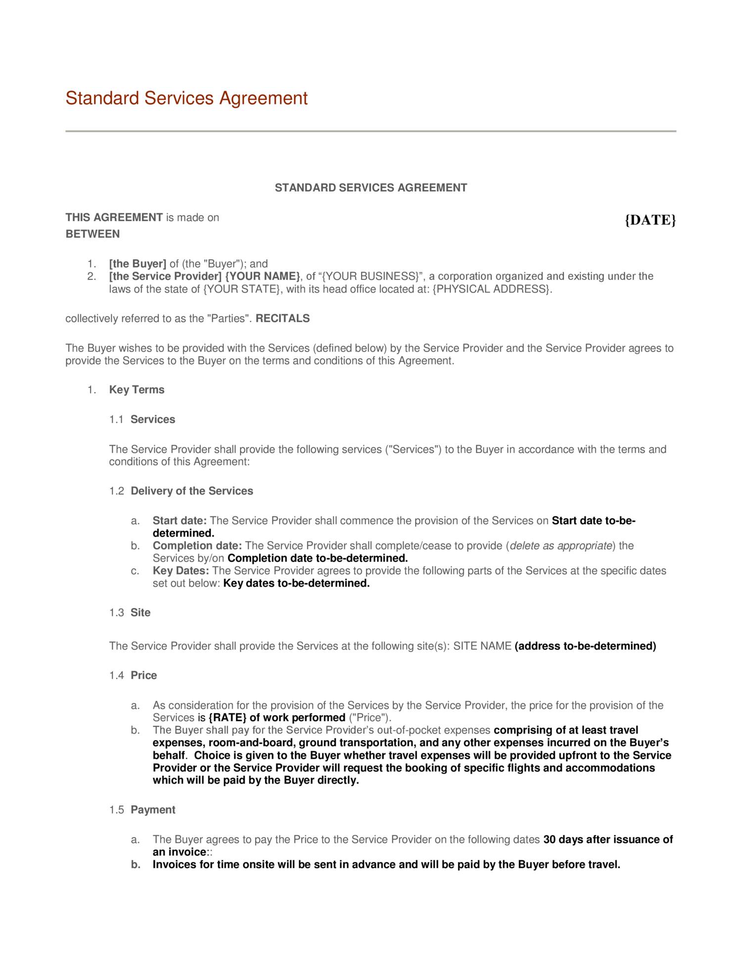 SAMPLE - Managed Service Agreement - Template - Genericized (21 With net 30 terms agreement template