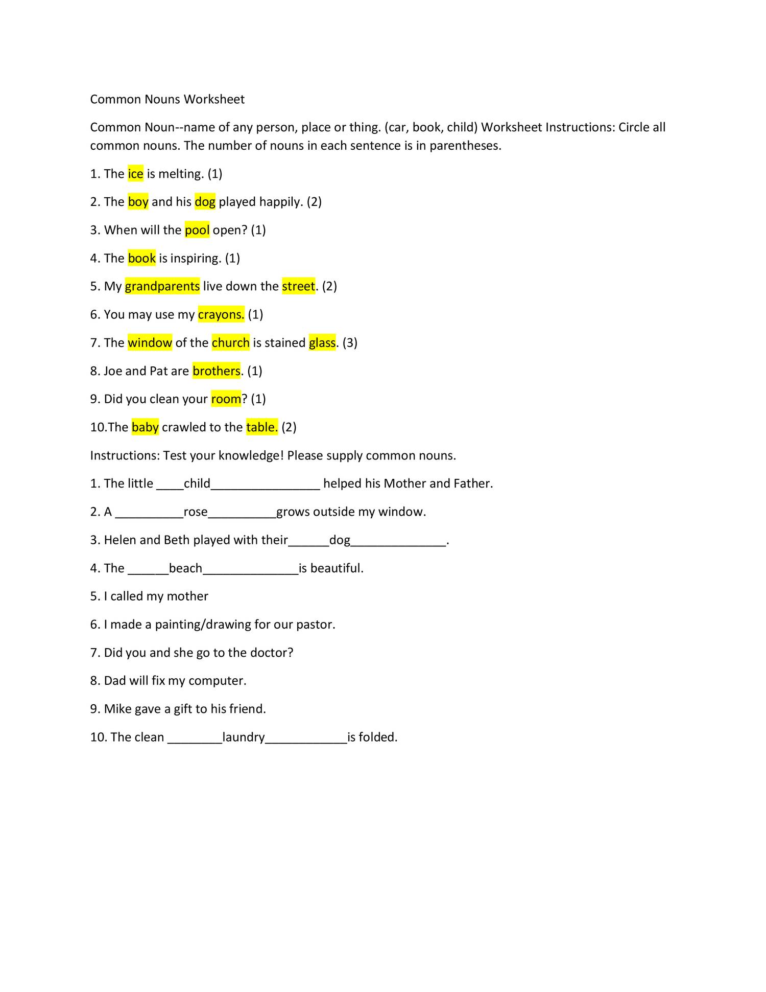 Types Of Nouns Worksheet With Answers