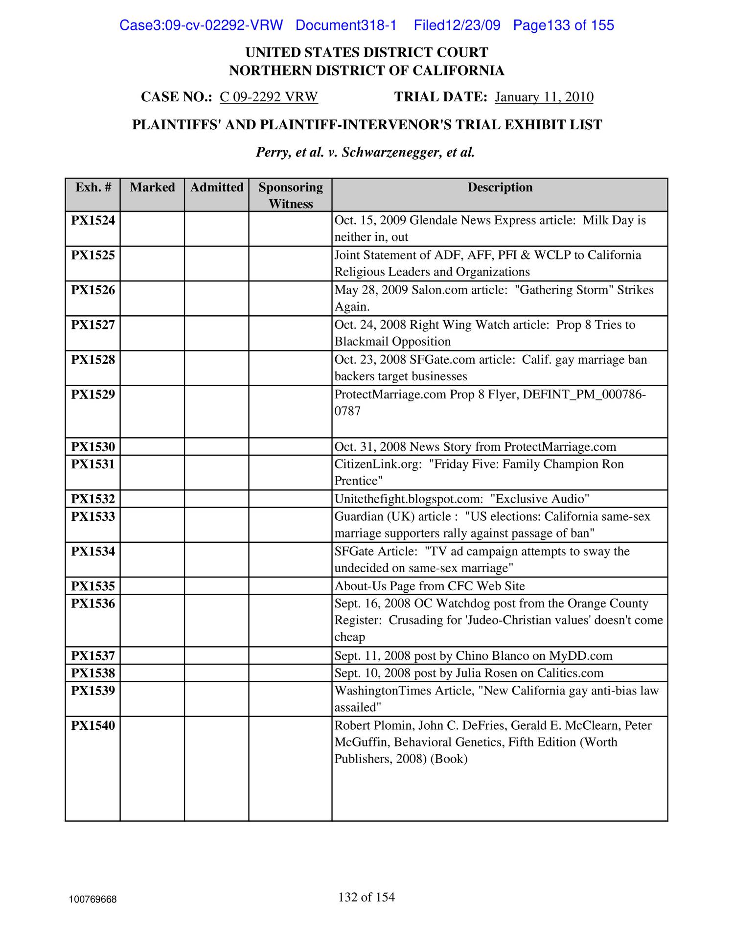Federal Court Exhibit List