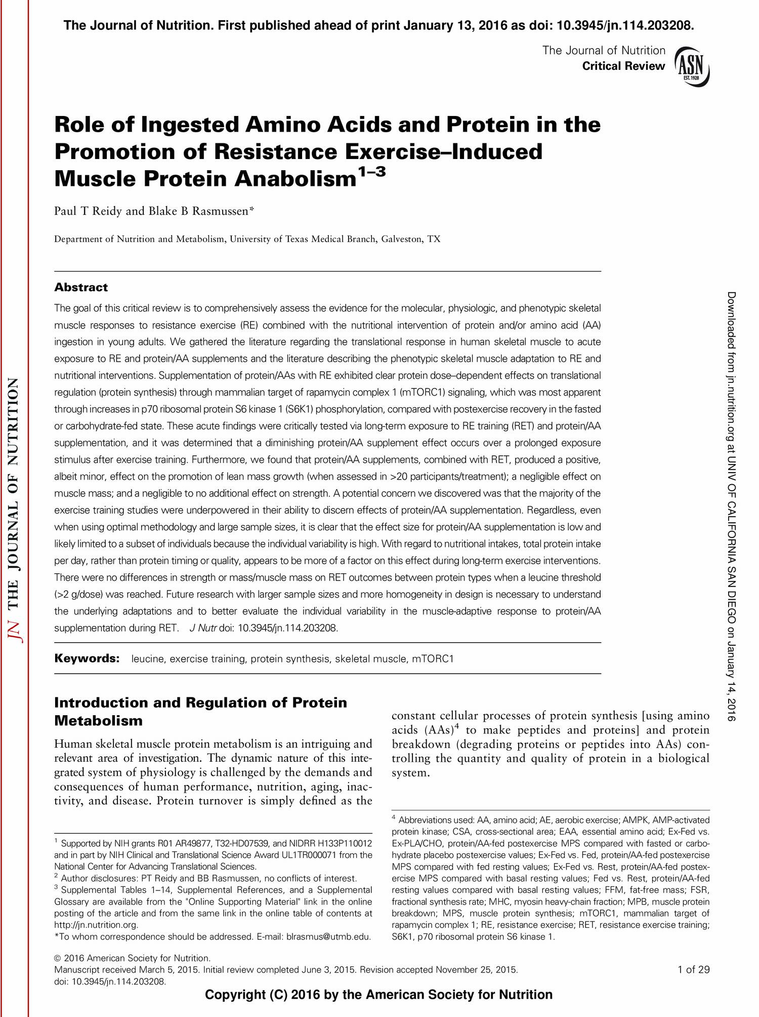 Role of Ingested Amino Acids and Protein in the Promotion of Resistance