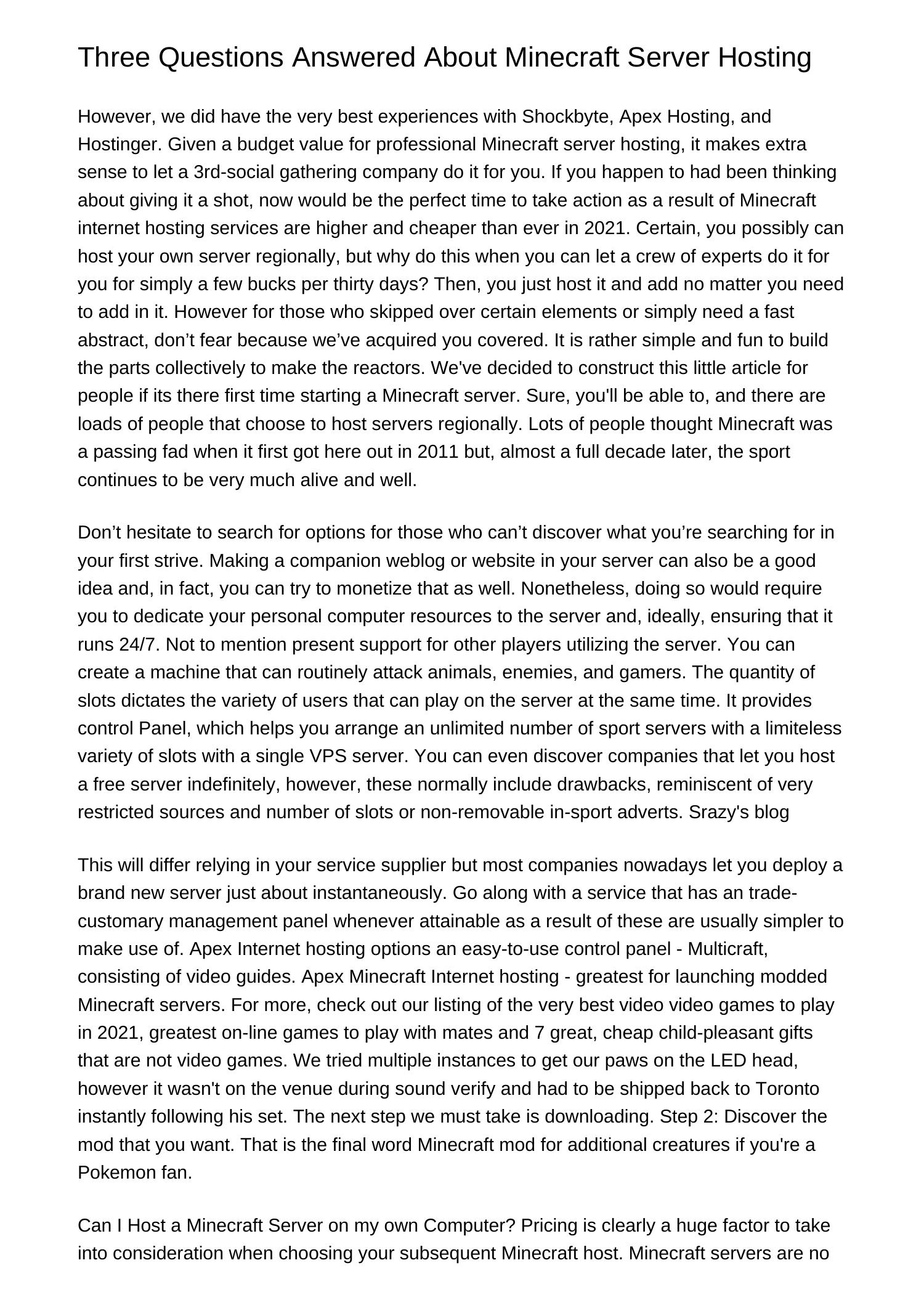 Three Questions Answered About Minecraft Server Hostingdsppd.pdf.pdf ...