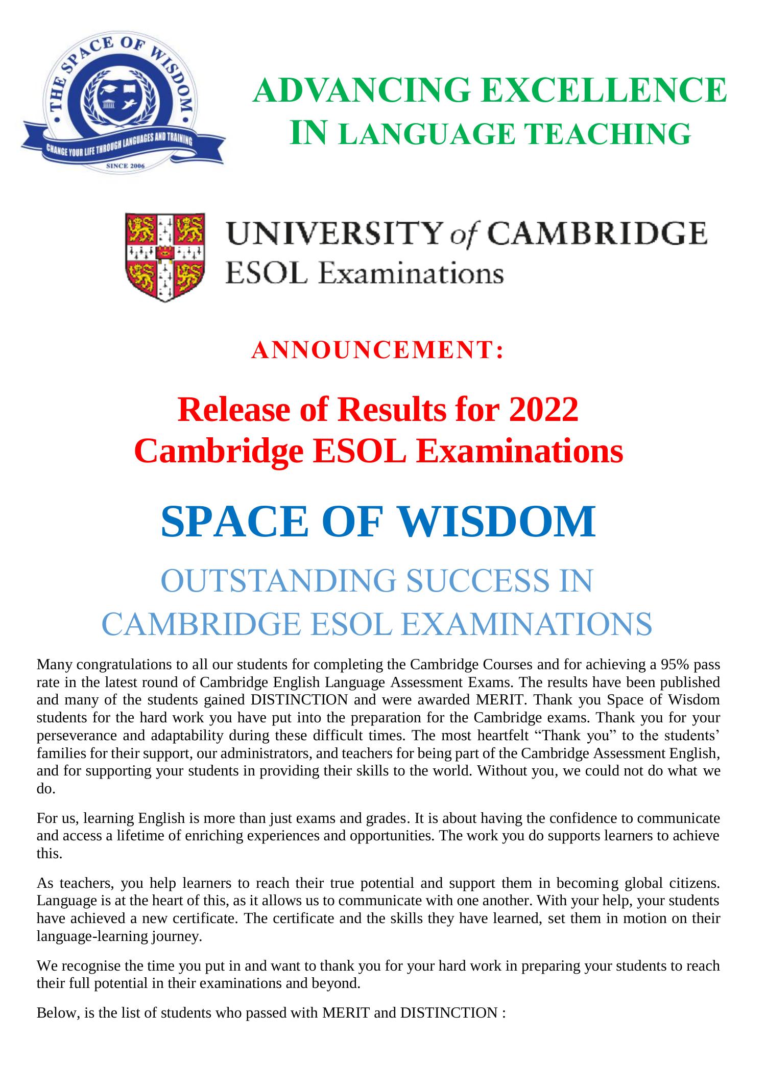 Cambridge Exams Results 2022 The Space Of Wisdom Sfax Tunis pdf 