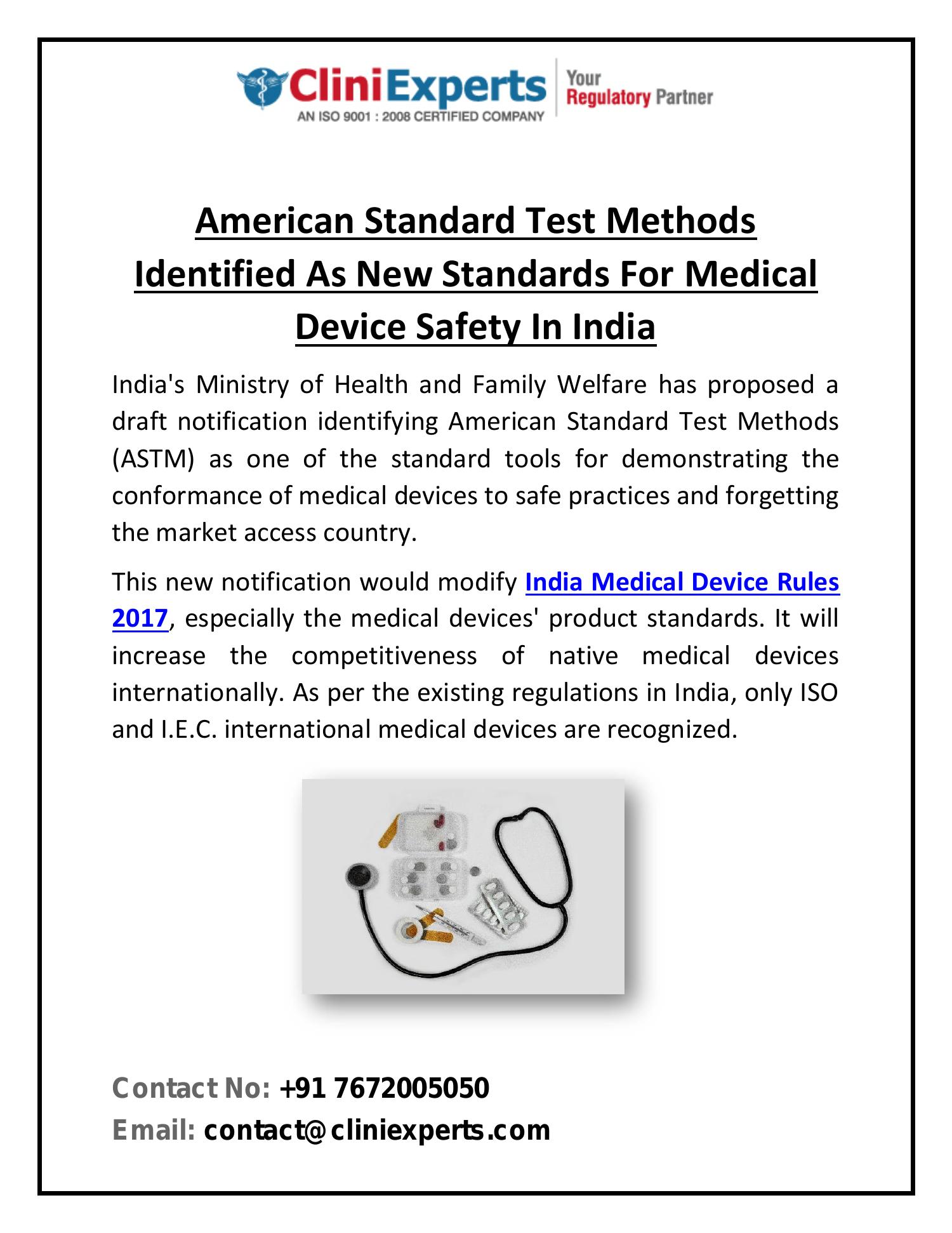 American Standard Test Methods Identified As New Standards For Medical