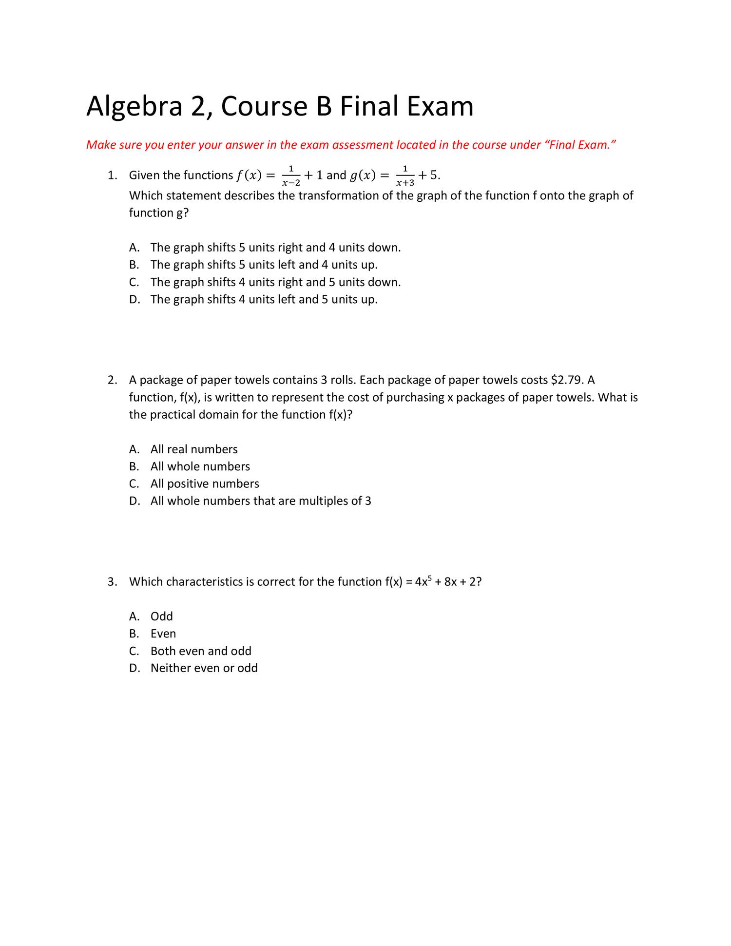 Algebra 2 Final Exam Seniors Id Pdf - Algebra Ii A Final Exam Pdf Free