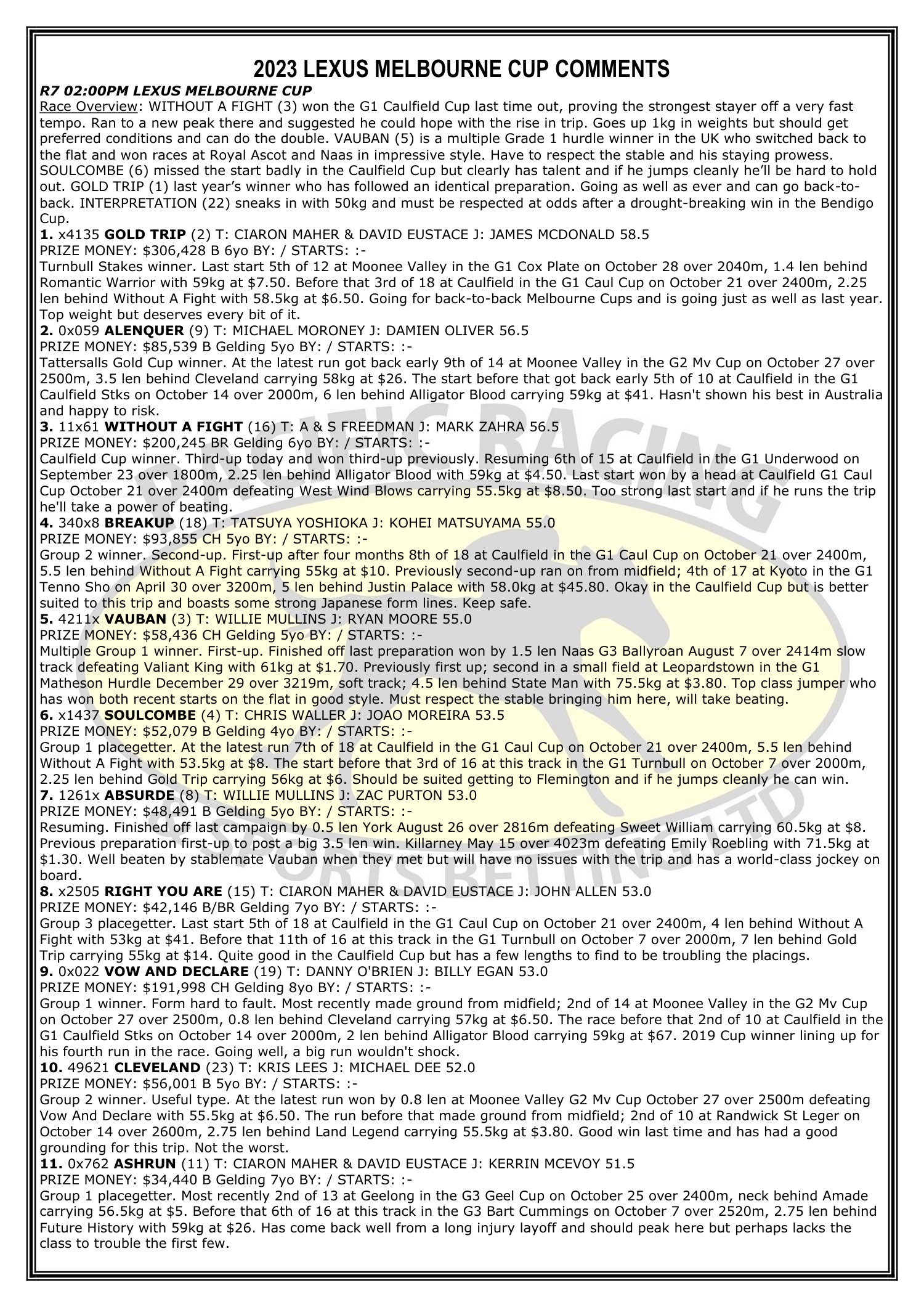 MELBOURNE CUP 2023 FINAL COMMENTS.pdf DocDroid