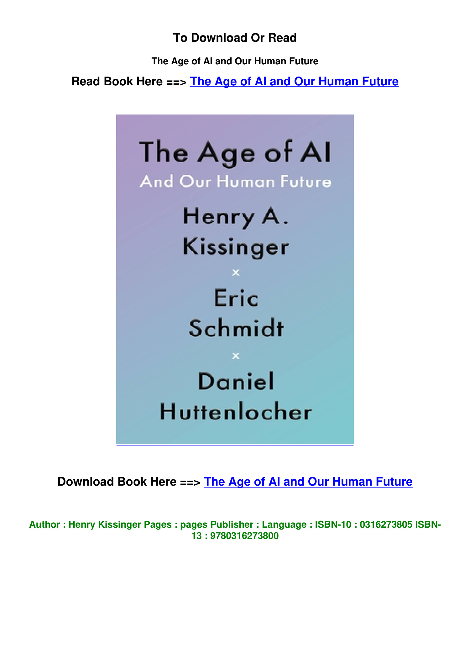 Download pdf The Age of AI and Our Human Future By Henry Kissinger.pdf ...