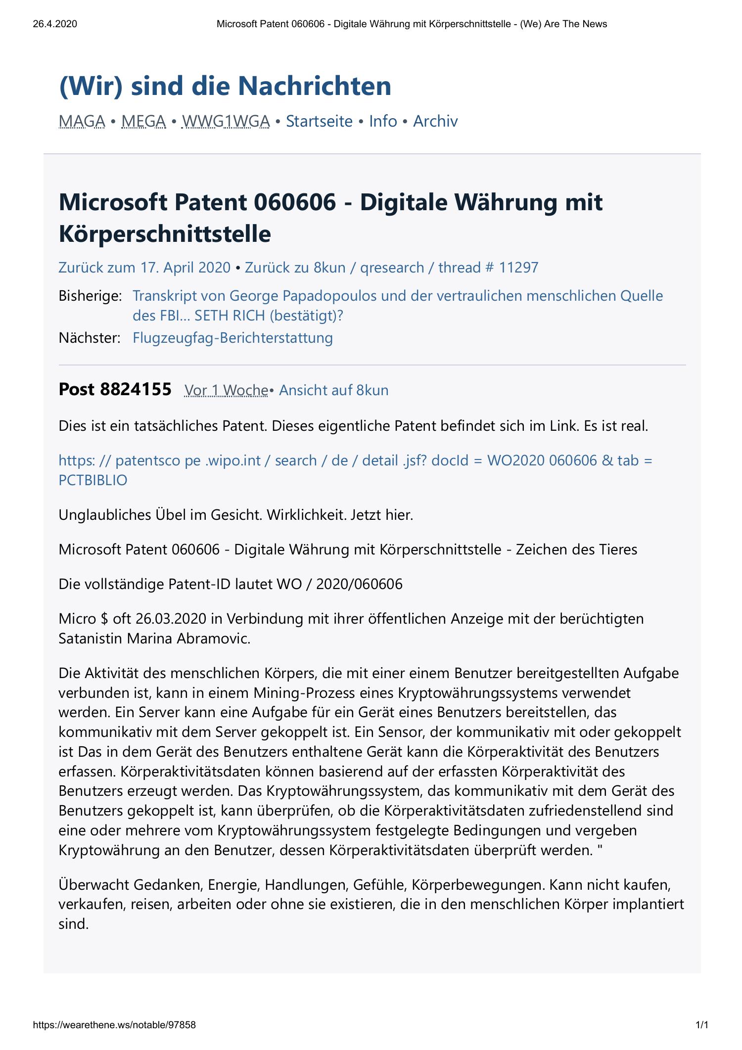 Microsoft Patent 060606 Digitale Währung mit Körperschnittstelle