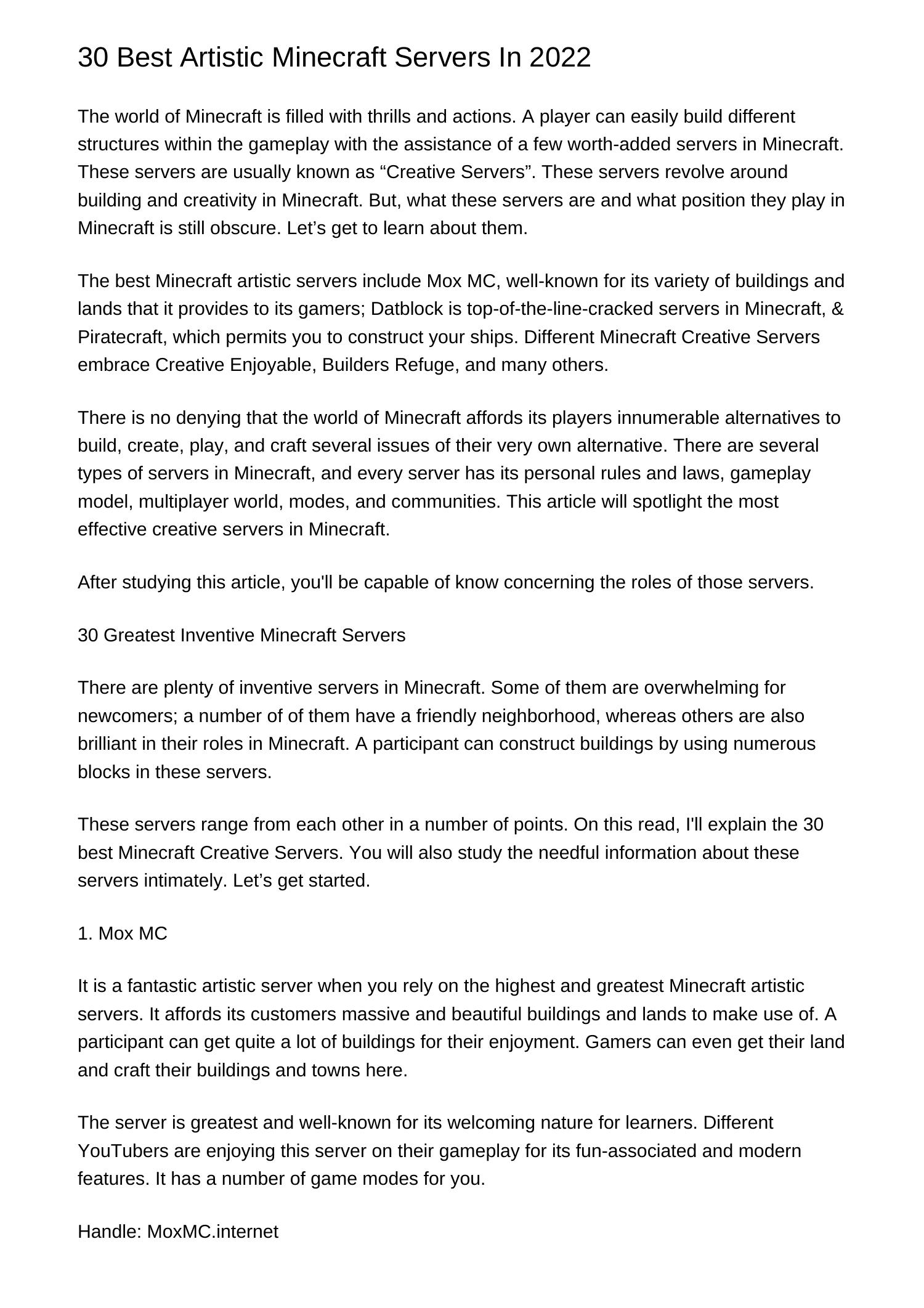 30 Finest Artistic Minecraft Servers In 2022xwmcp.pdf.pdf | DocDroid
