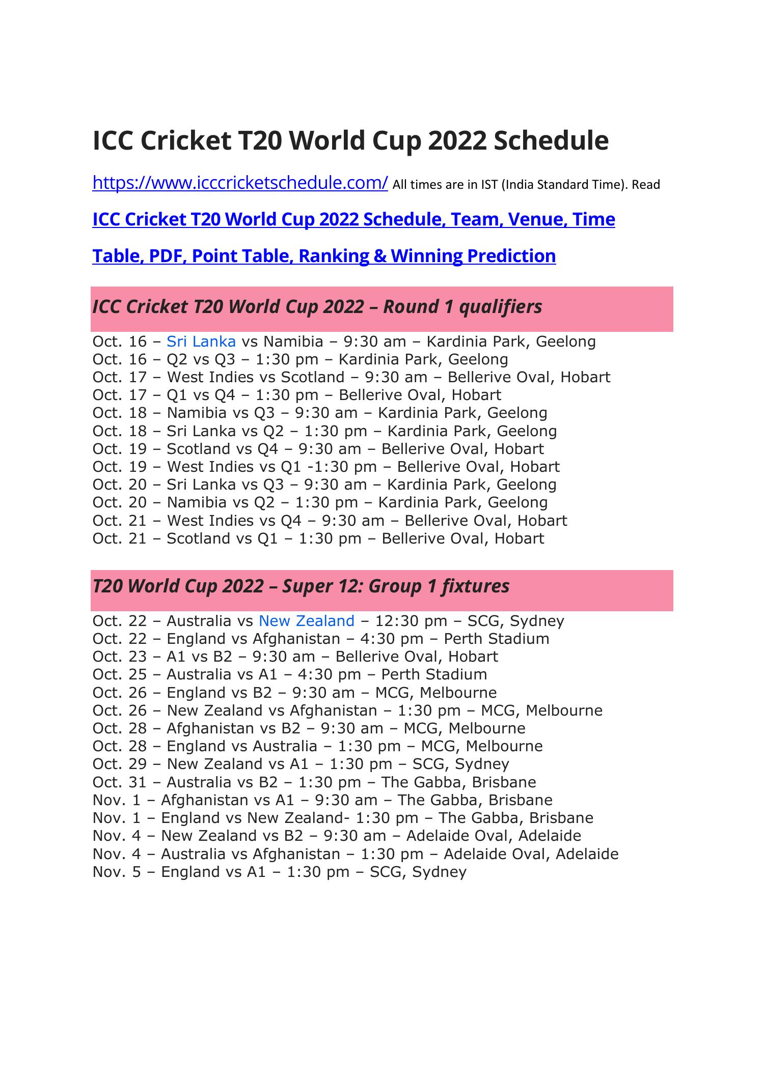 ICC Mens Cricket T20 World Cup 2022 Schedule PDF pdf DocDroid