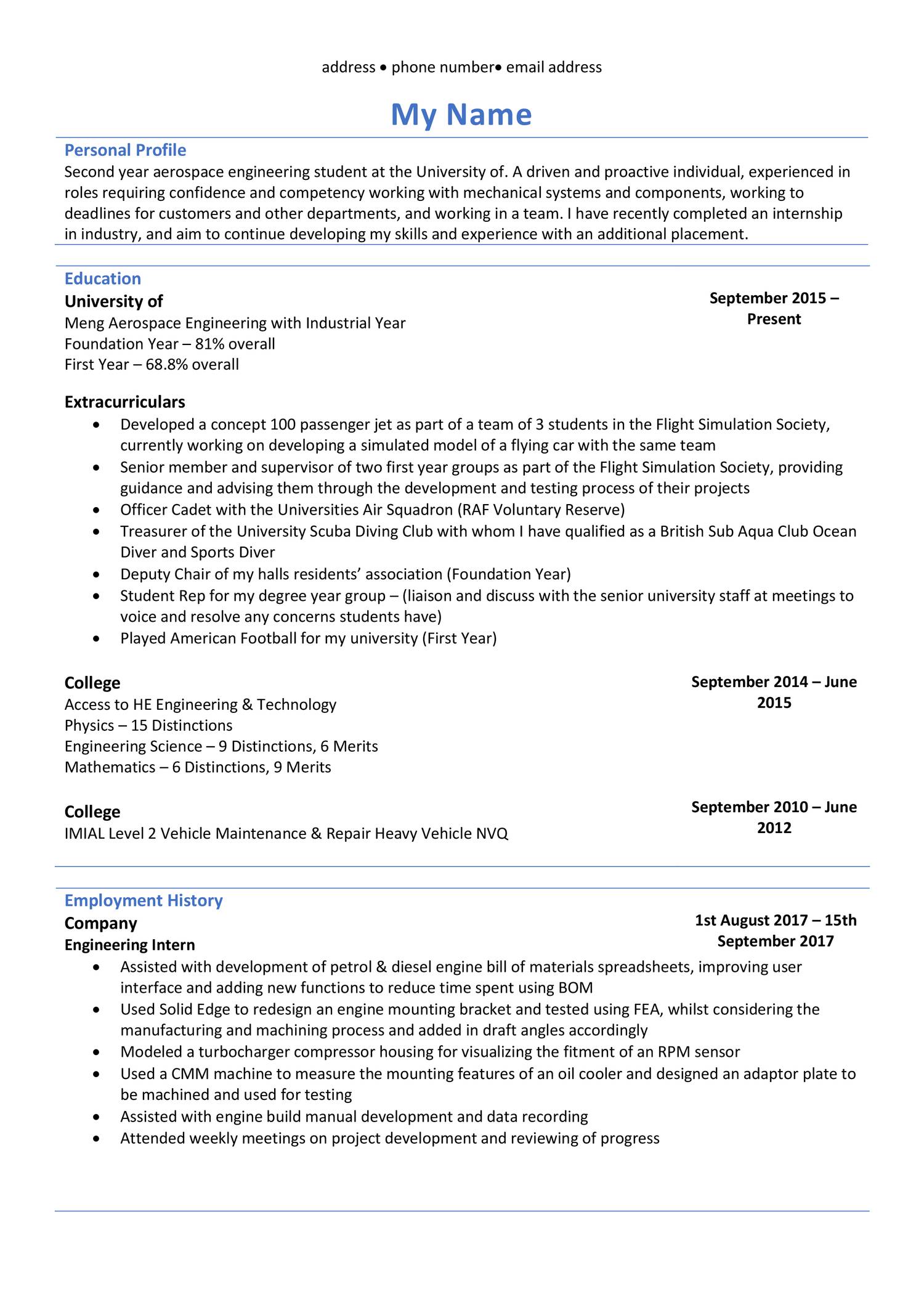 Anonymized resume example picture