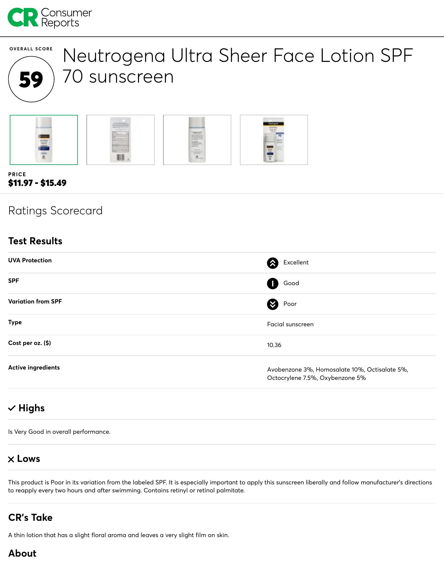 Neutrogena Ultra Sheer Face Lotion SPF 70 sunscreen Consumer Reports