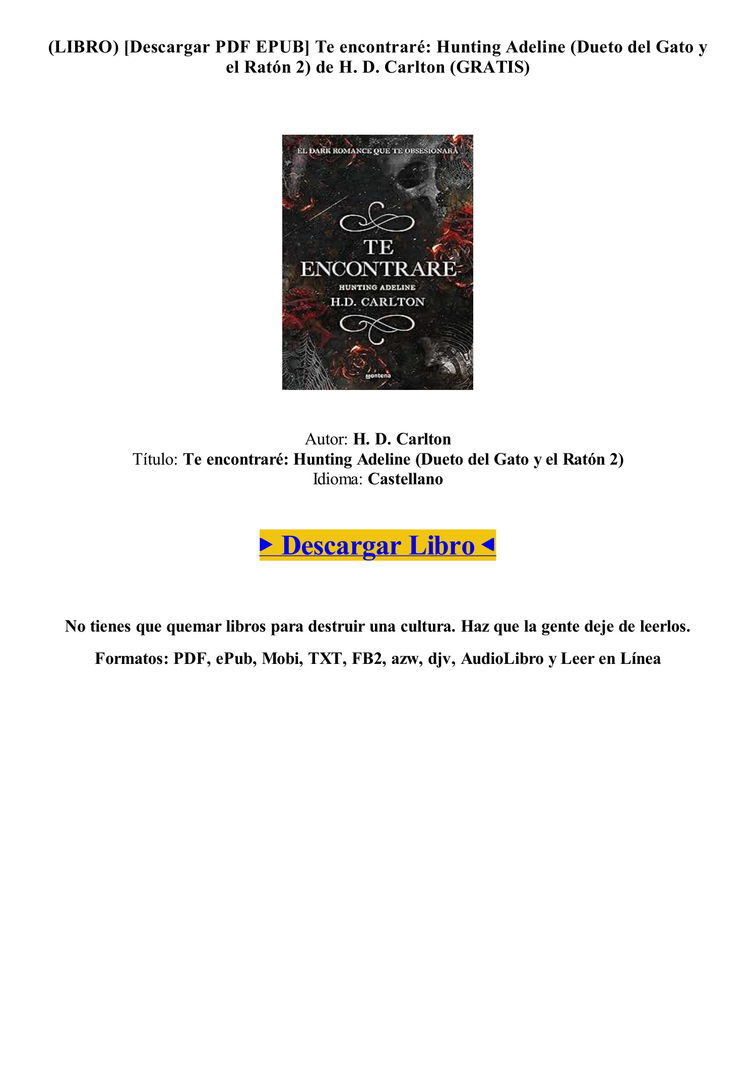 [Descargar PDF EPUB] Libro Te encontraré Hunting Adeline (Dueto del Gato y el Ratón 2) de H. D