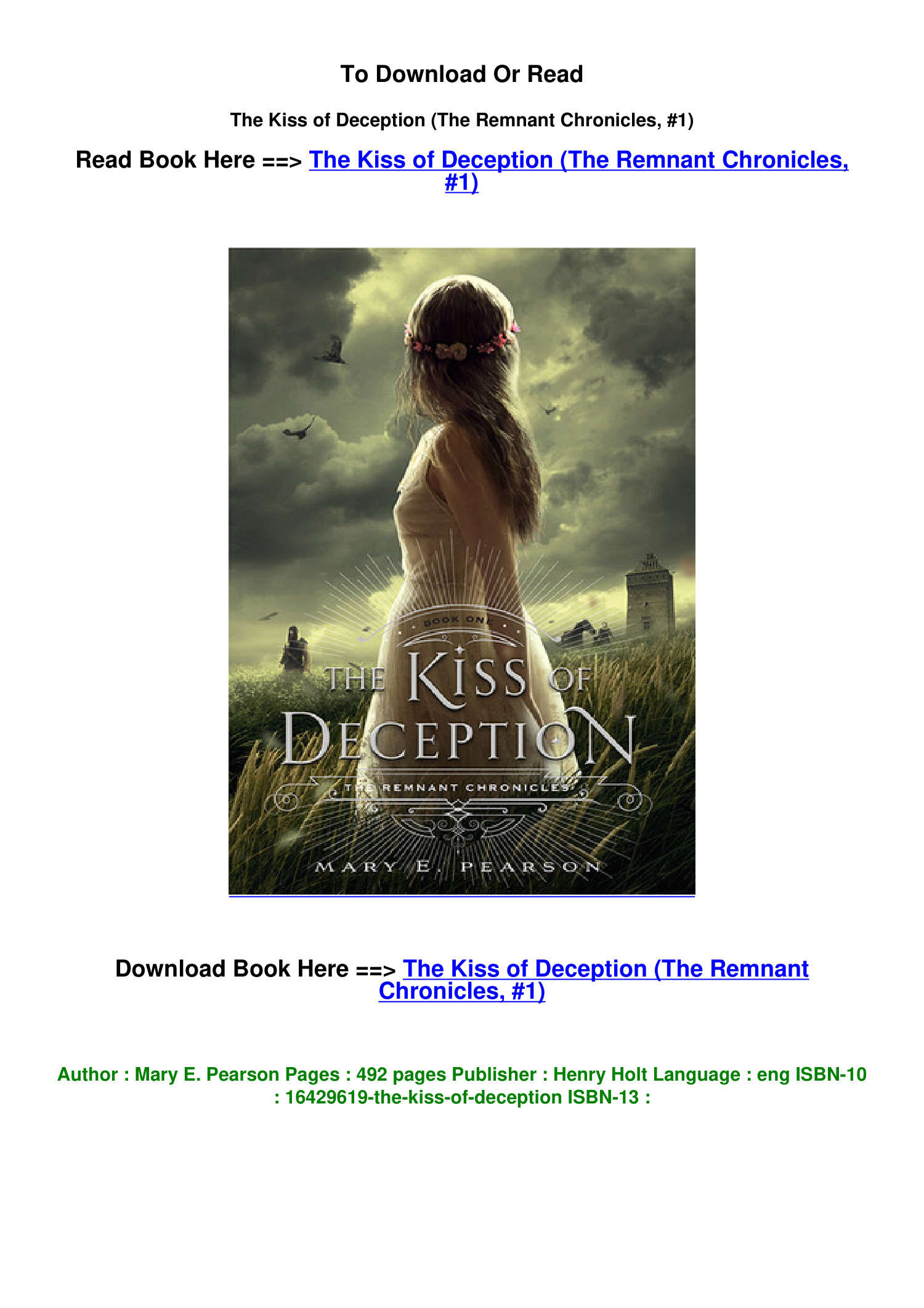 pdf download The Kiss of Deception The Remnant Chronicles 1 by Mary E ...