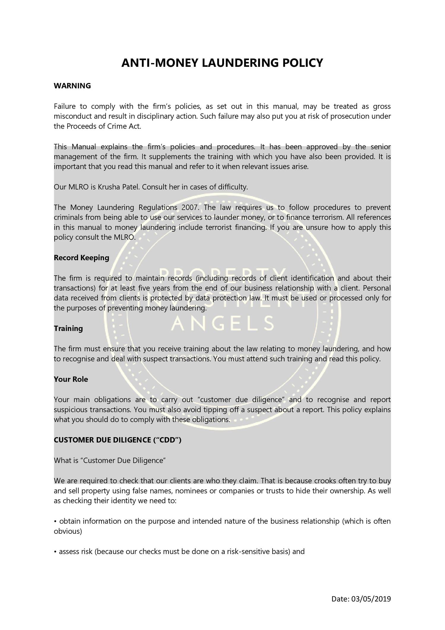 Anti Money Laundering policy property investment Angels