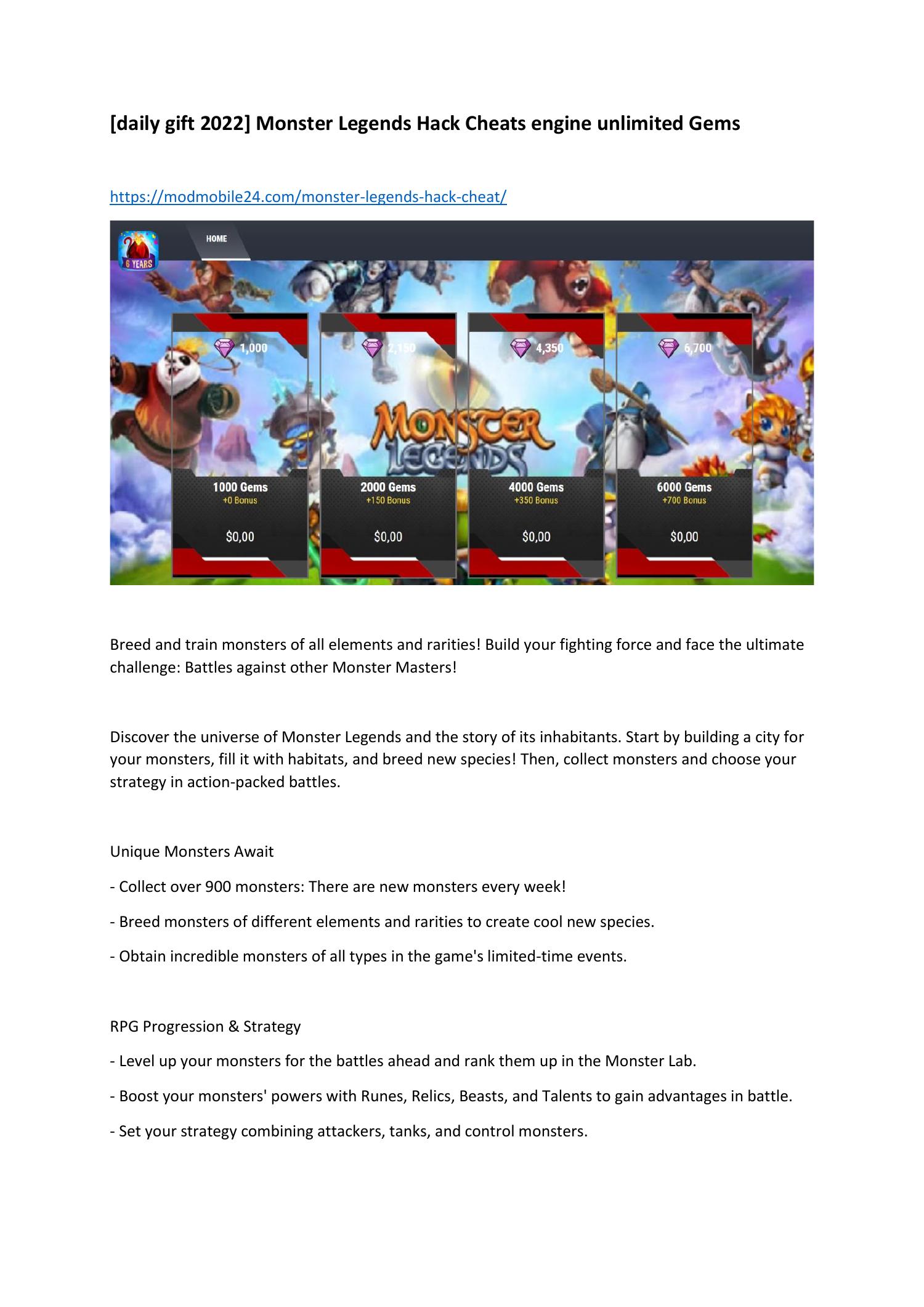 [daily gift 2022] Monster Legends Hack Cheats engine unlimited Gems.pdf ...