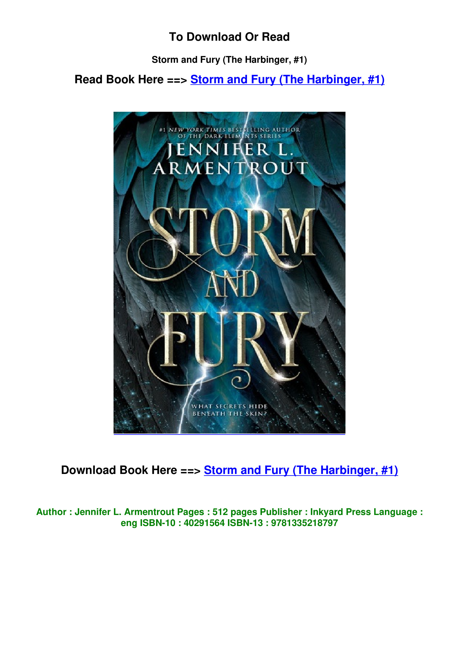Download ePub Storm and Fury The Harbinger 1 by Jennifer L Armentrout ...