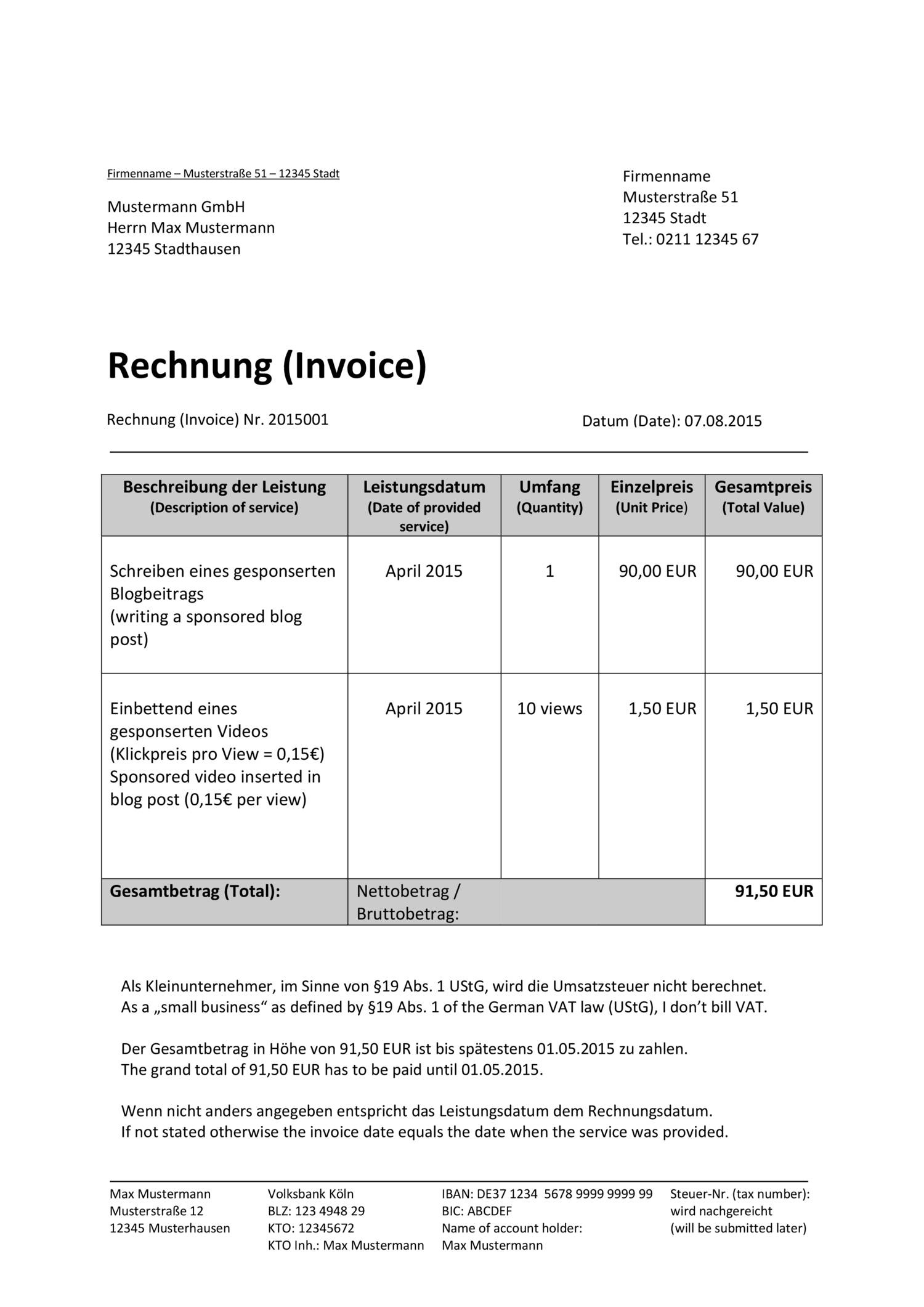 spielzeug rechnung Beispielrechnung Kontakt – Als Kleinunternehmer eine Rechnung schreiben