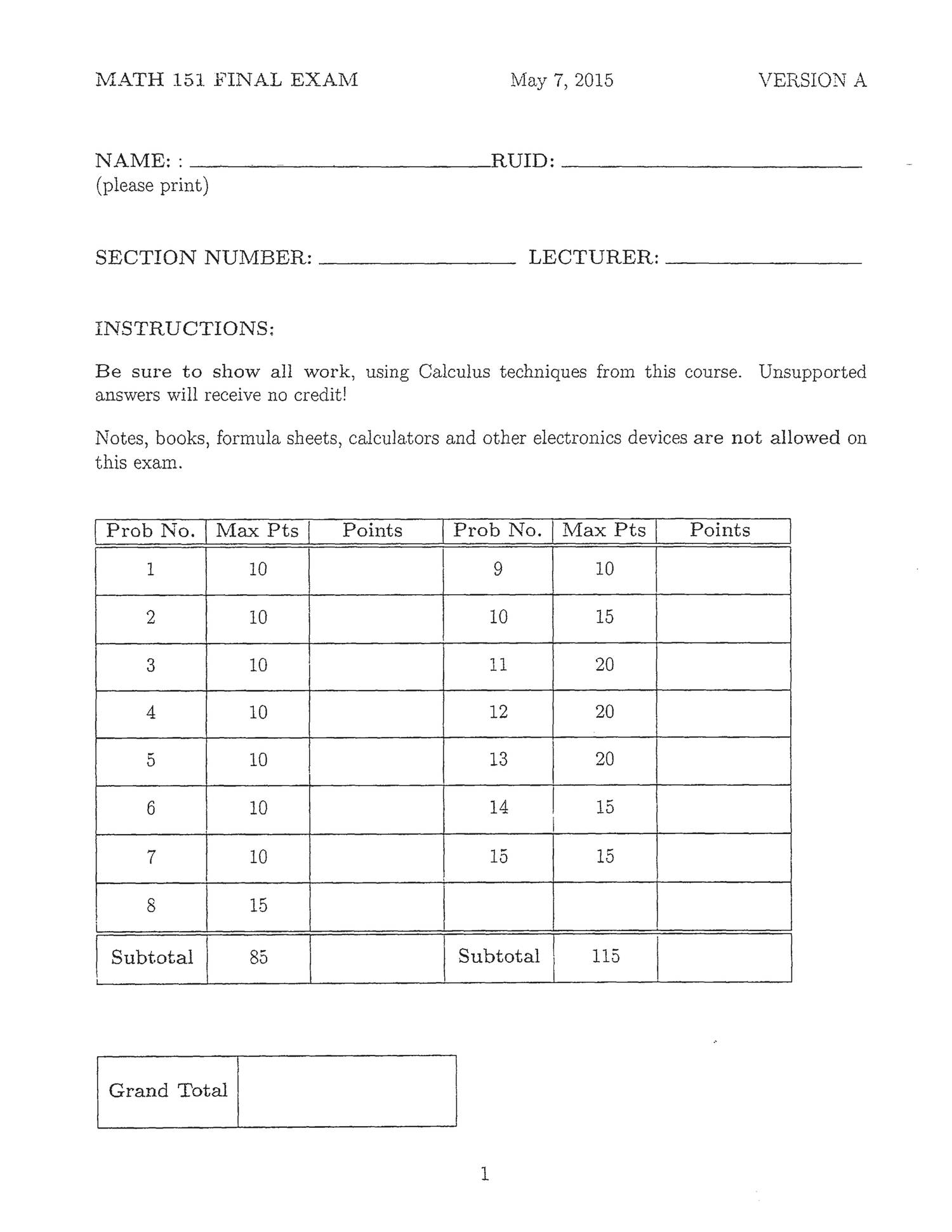 Sp15 Math 151 FINAL EXAM V A BLANK pdf DocDroid Sp15 math 151 final exam v a blank pdf docdroid