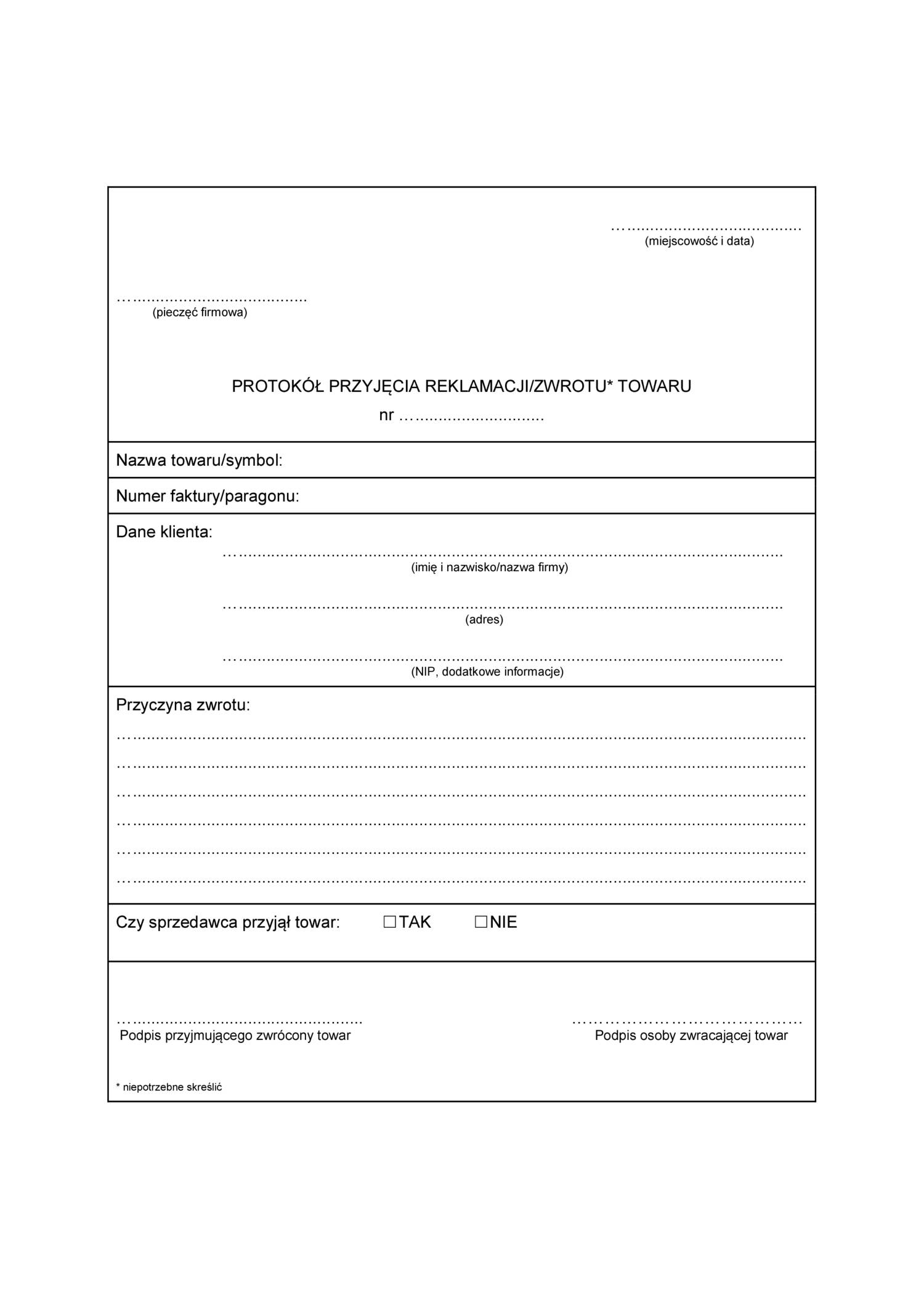 Protokol reklamacji zwrotu towaru pdf DocDroid
