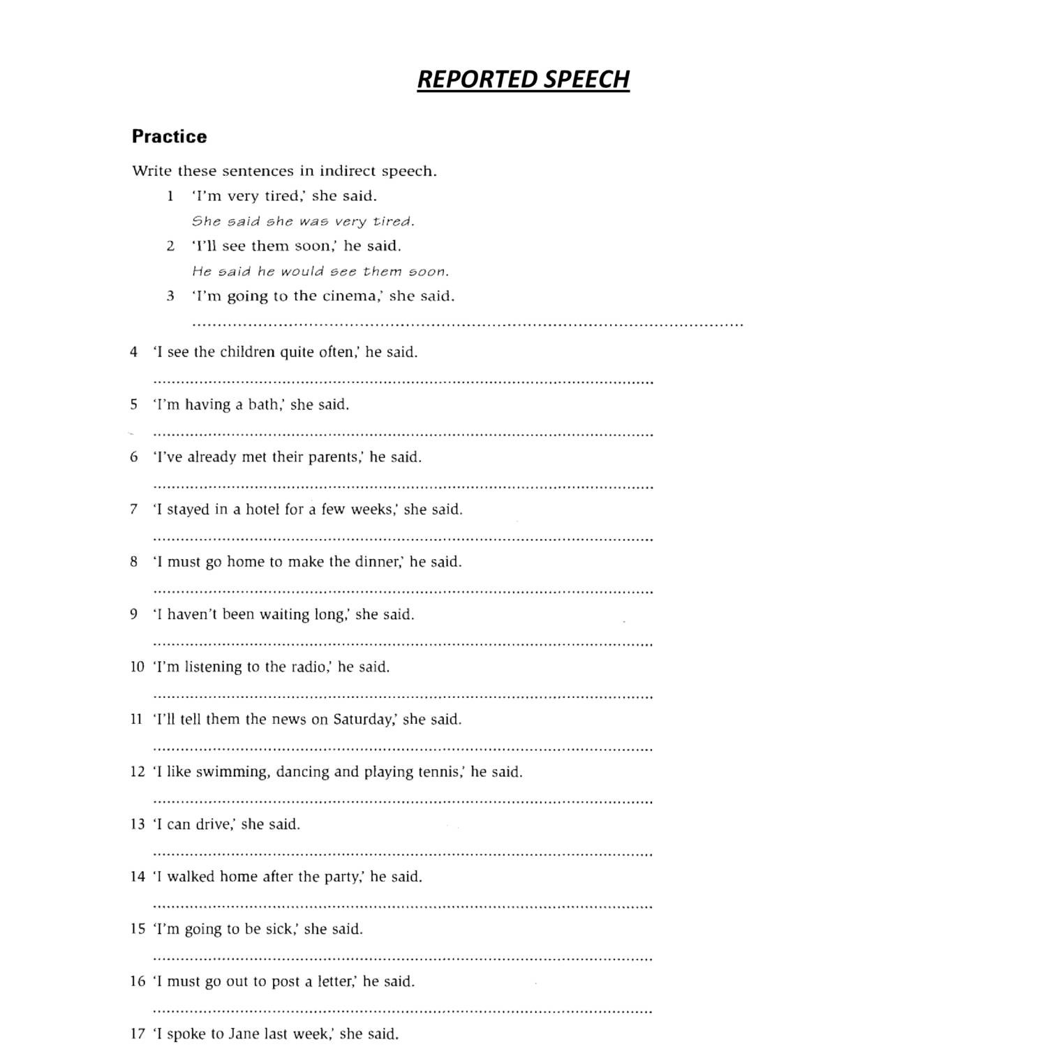 reported speech into direct speech exercises pdf