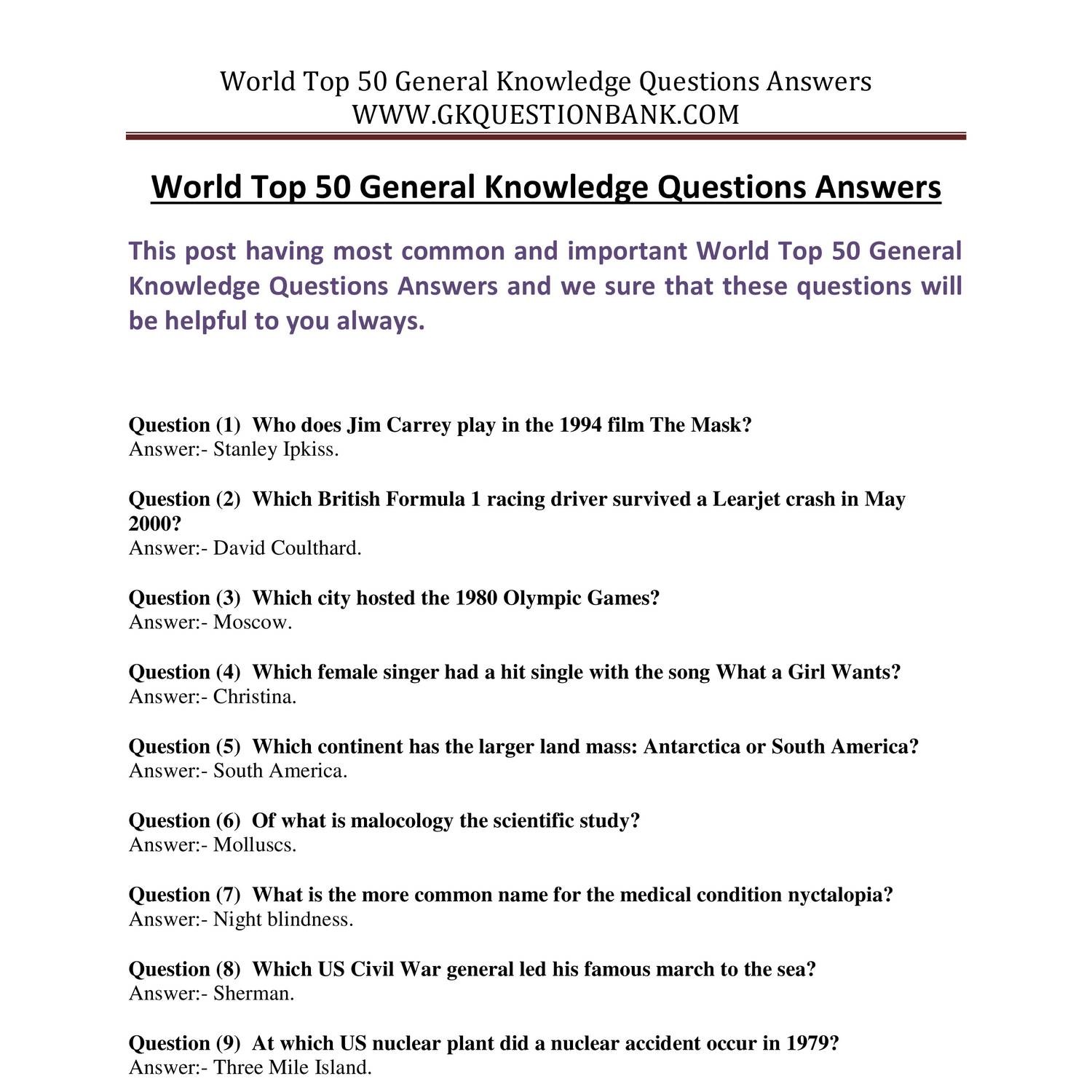 Download World Top 50 General Knowledge Questions Answers docx DocDroid