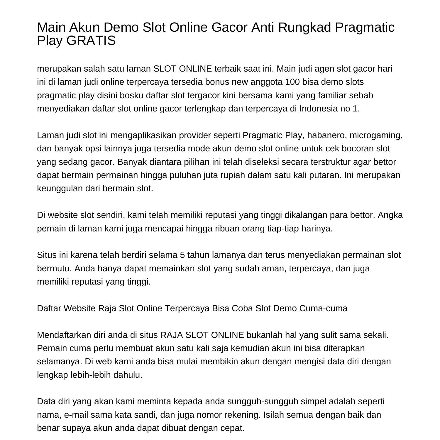 Mainkan Akun Demo Slot Online Gacor Anti Rungkad Pragmatic Play