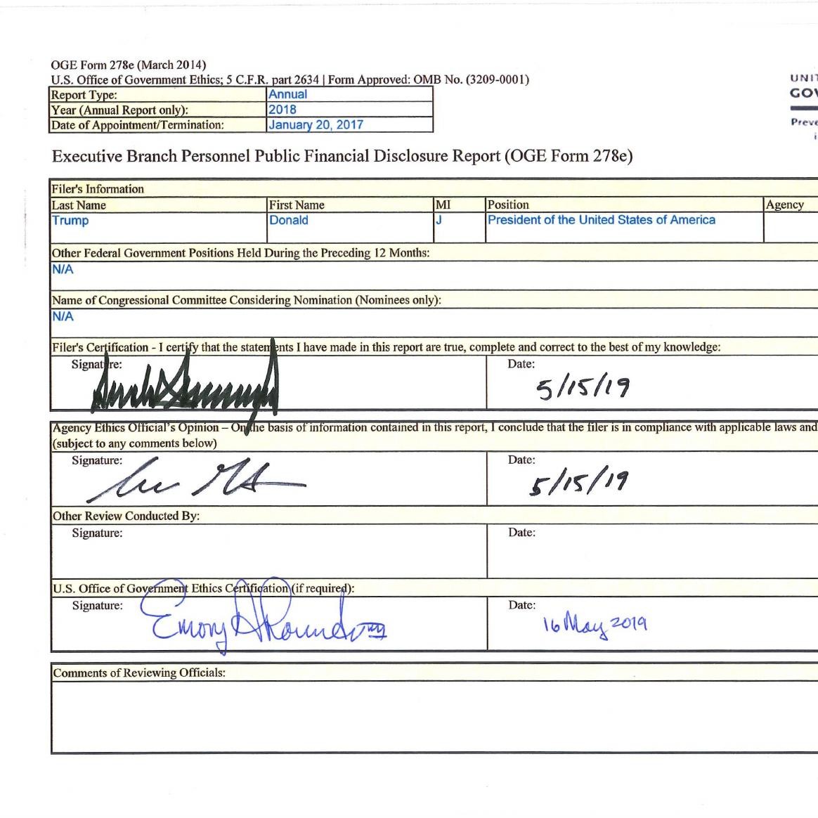 Donald Trump 2019 OGE Form 278e pdf DocDroid