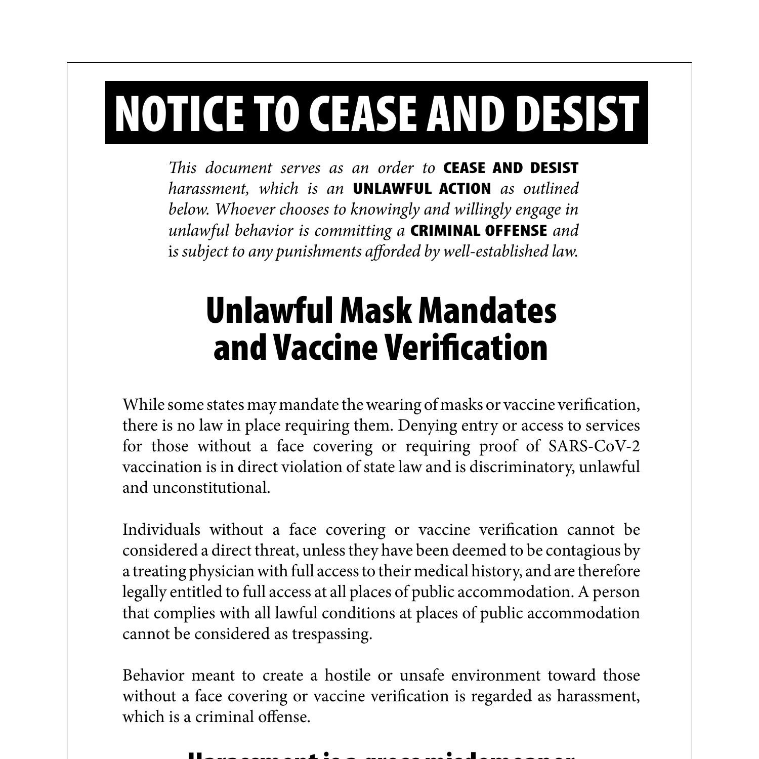 Unlawful Mask Mandates & Vaccine Verification (Notice to Cease and