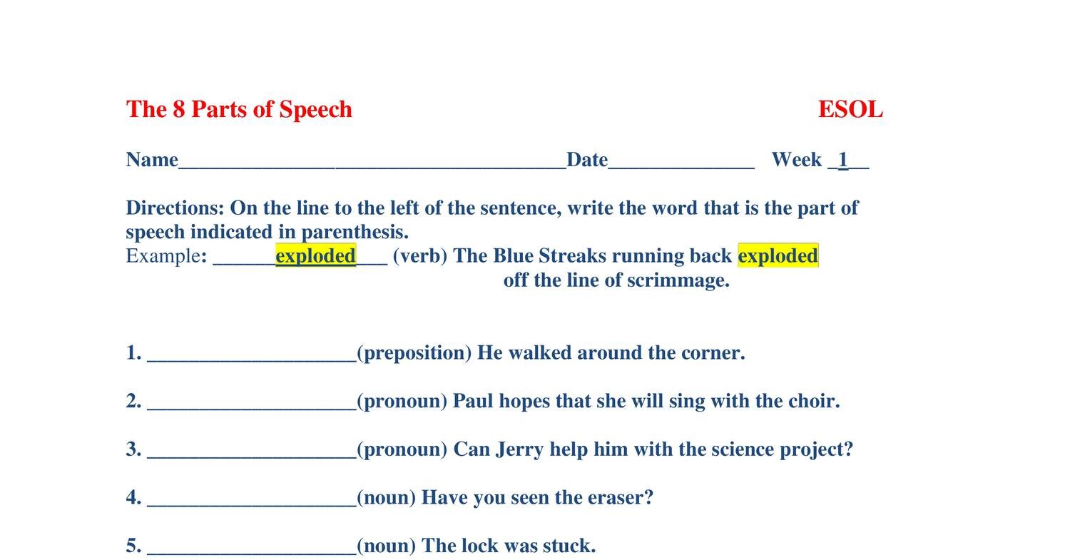 part of speech homework