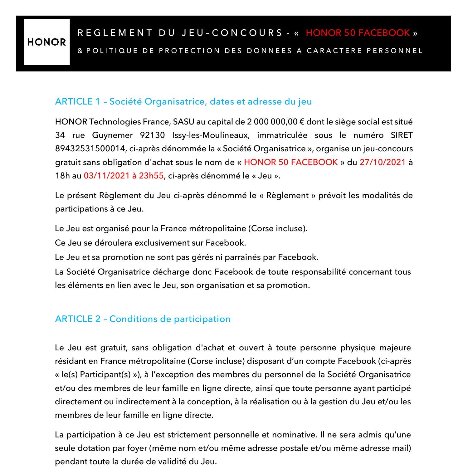 Frrm2103 Règlement Du Jeu Concours Honor 50 Fb Pdf Docdroid