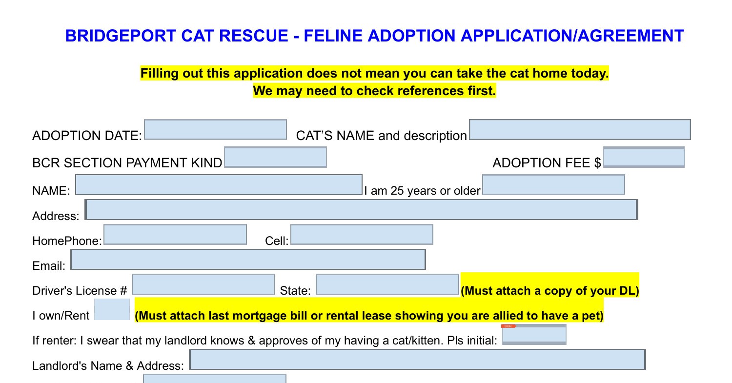 FILLABLE BRIDGEPORT CAT RESCUE FELINE ADOPTION APPLICATION_AGREEMENT