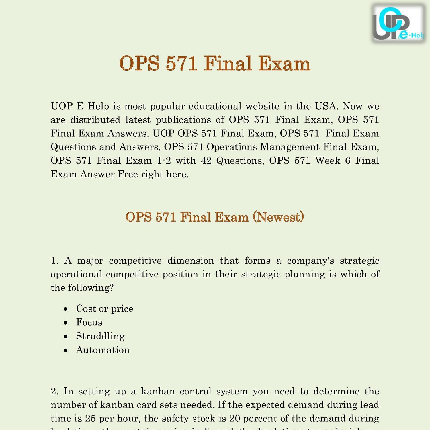 operations management final exam questions