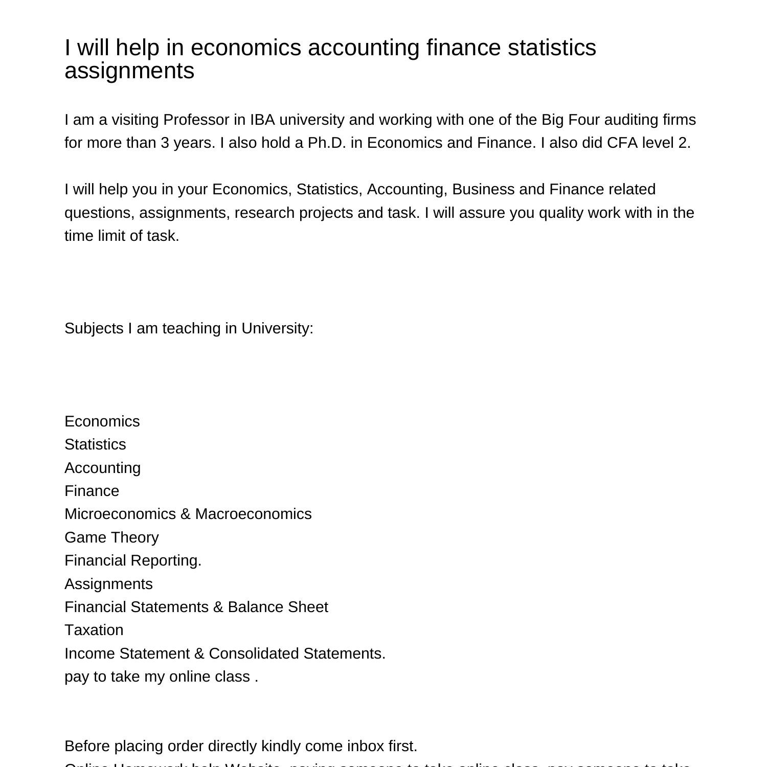 I will help in economics accounting finance statistics assignmentsmizip