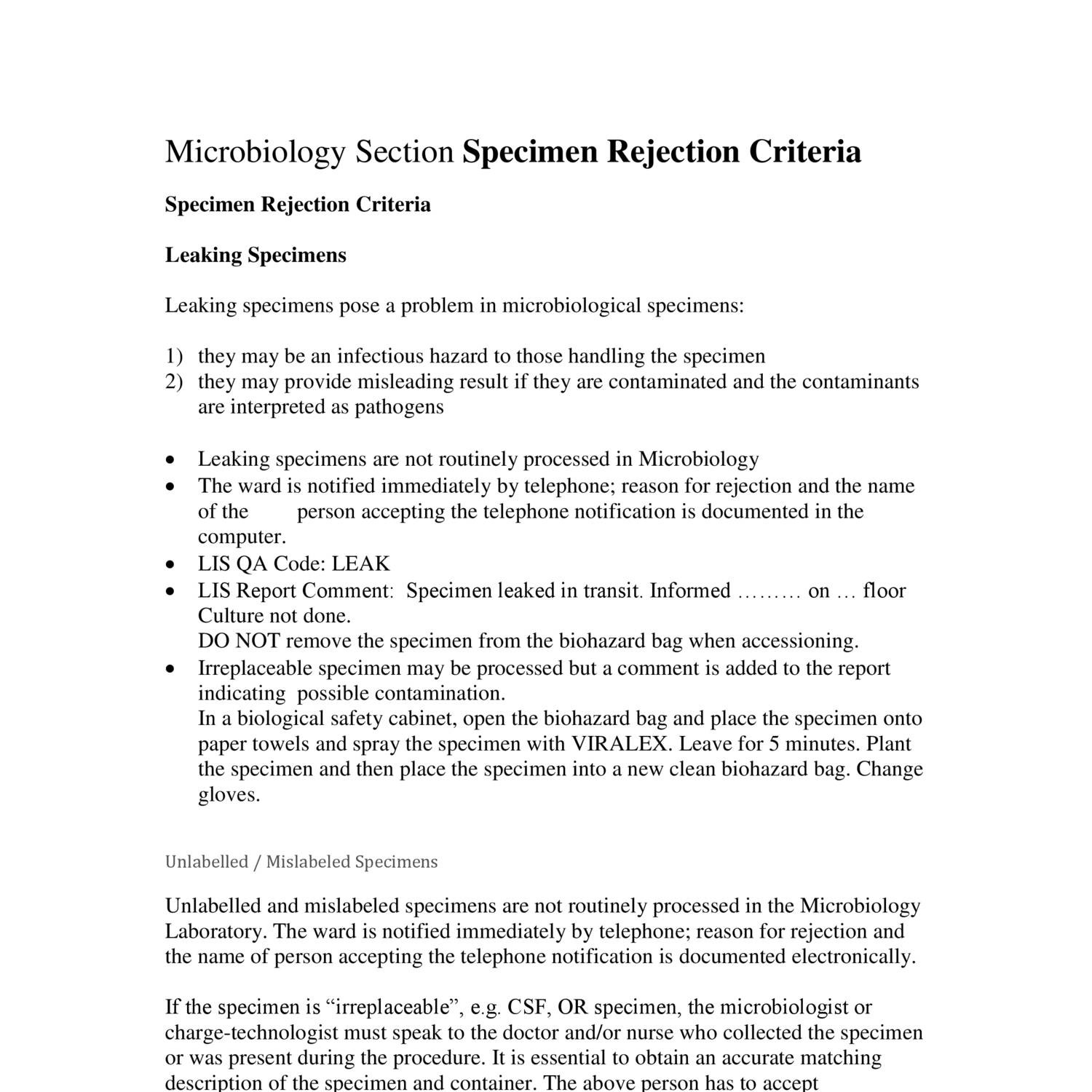 Microbiology Section Specimen Rejection Criteria.docx DocDroid