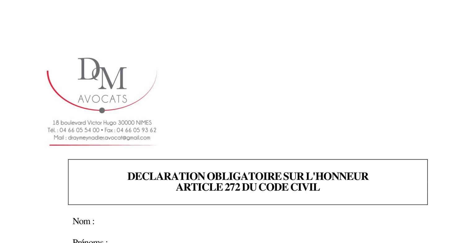 Déclaration Sur L'honneur Article 272 Du Code Civil www.docdroid.net
