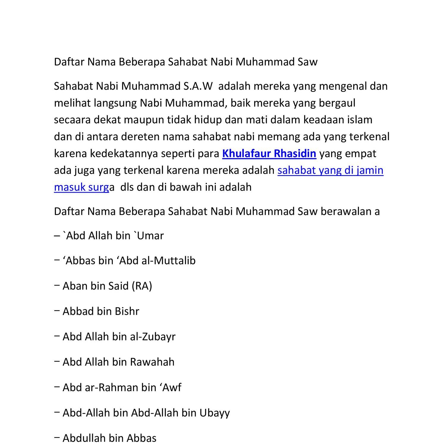 Nama Sahabat Nabi Perempuan Daftar Nama Nama Sahabat Nabi Muhammad