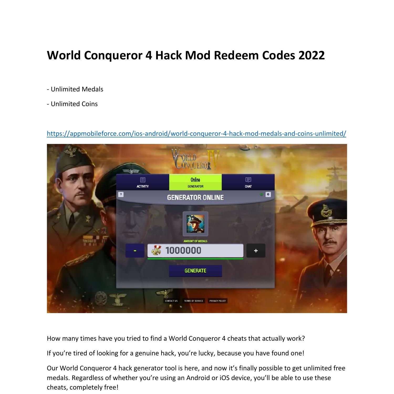 World Conqueror 4 Hack Mod Redeem Codes 2022.pdf | DocDroid