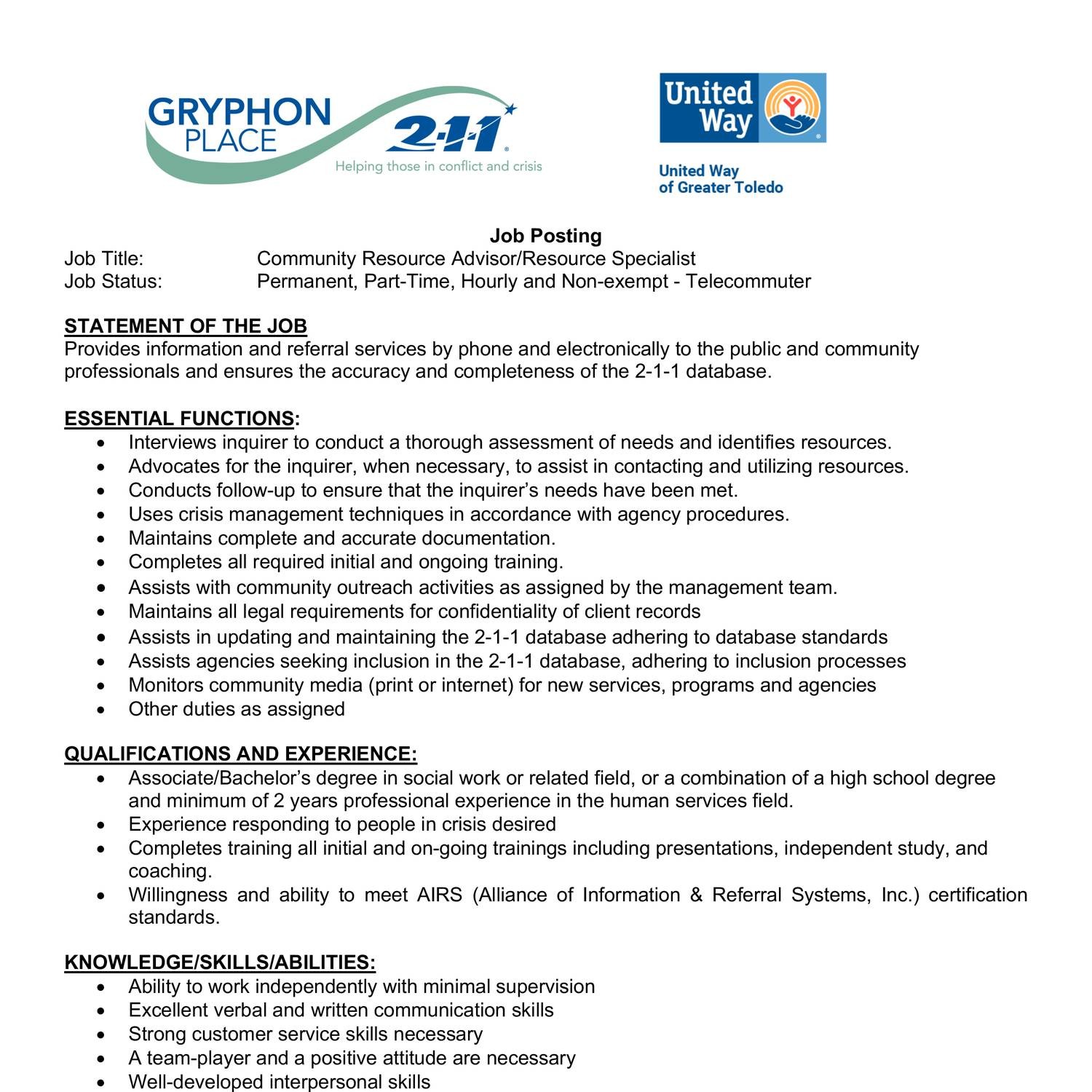 Community Resource Advisor Resource Specialist UW Toledo Job